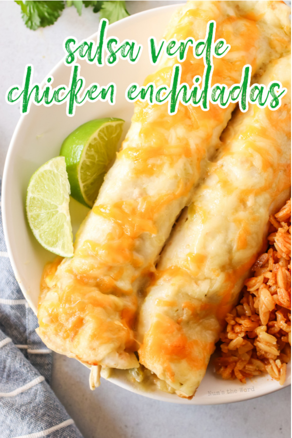 Main image for recipe of two enchiladas on a plate with rice and lime slices.