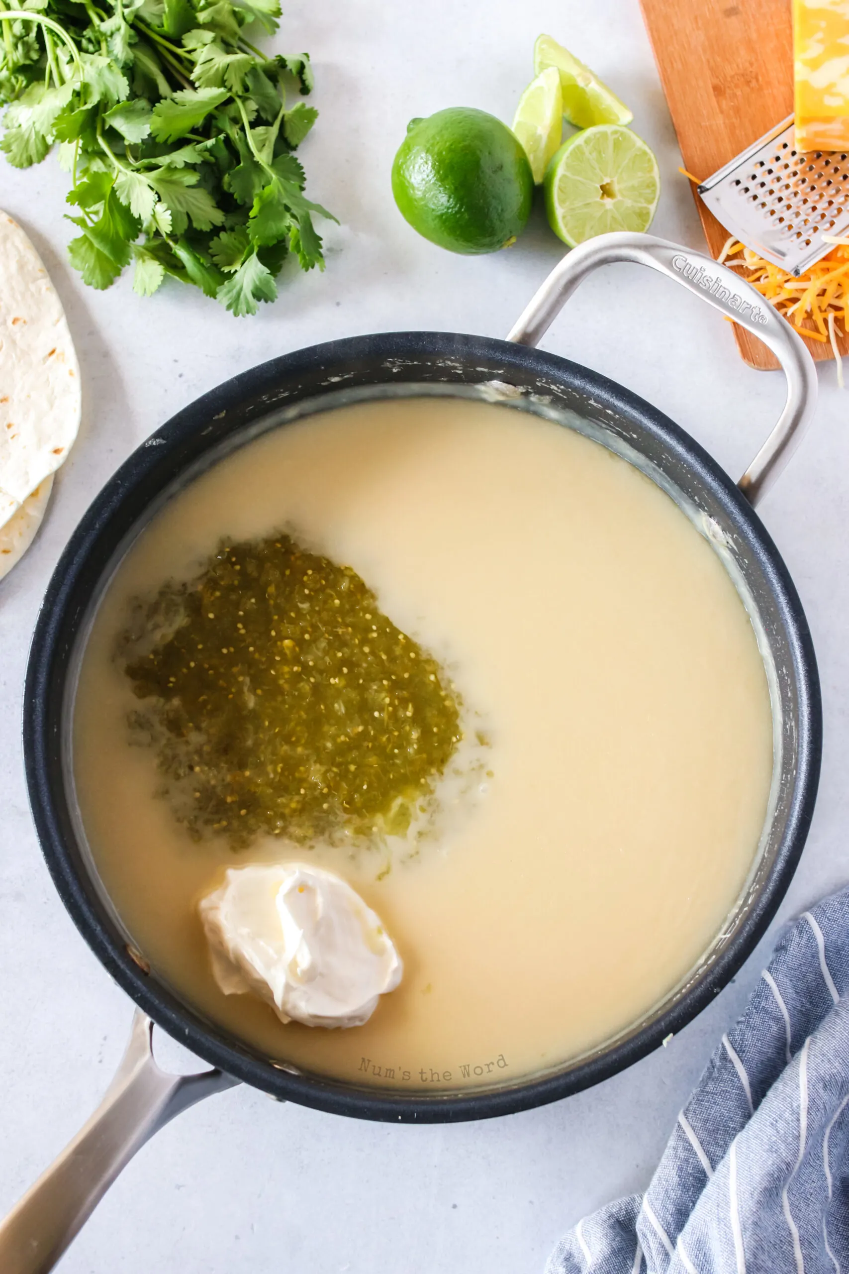 sour cream and salsa verde added to flour mixture.