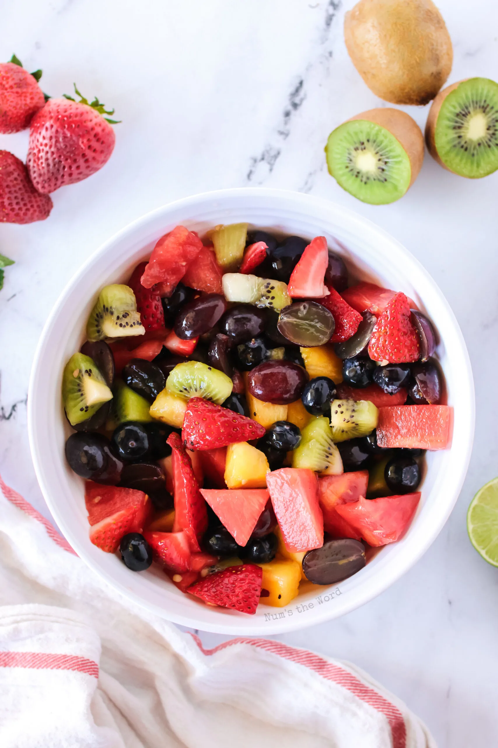 zoomed out image of fruit salad in a bowl.