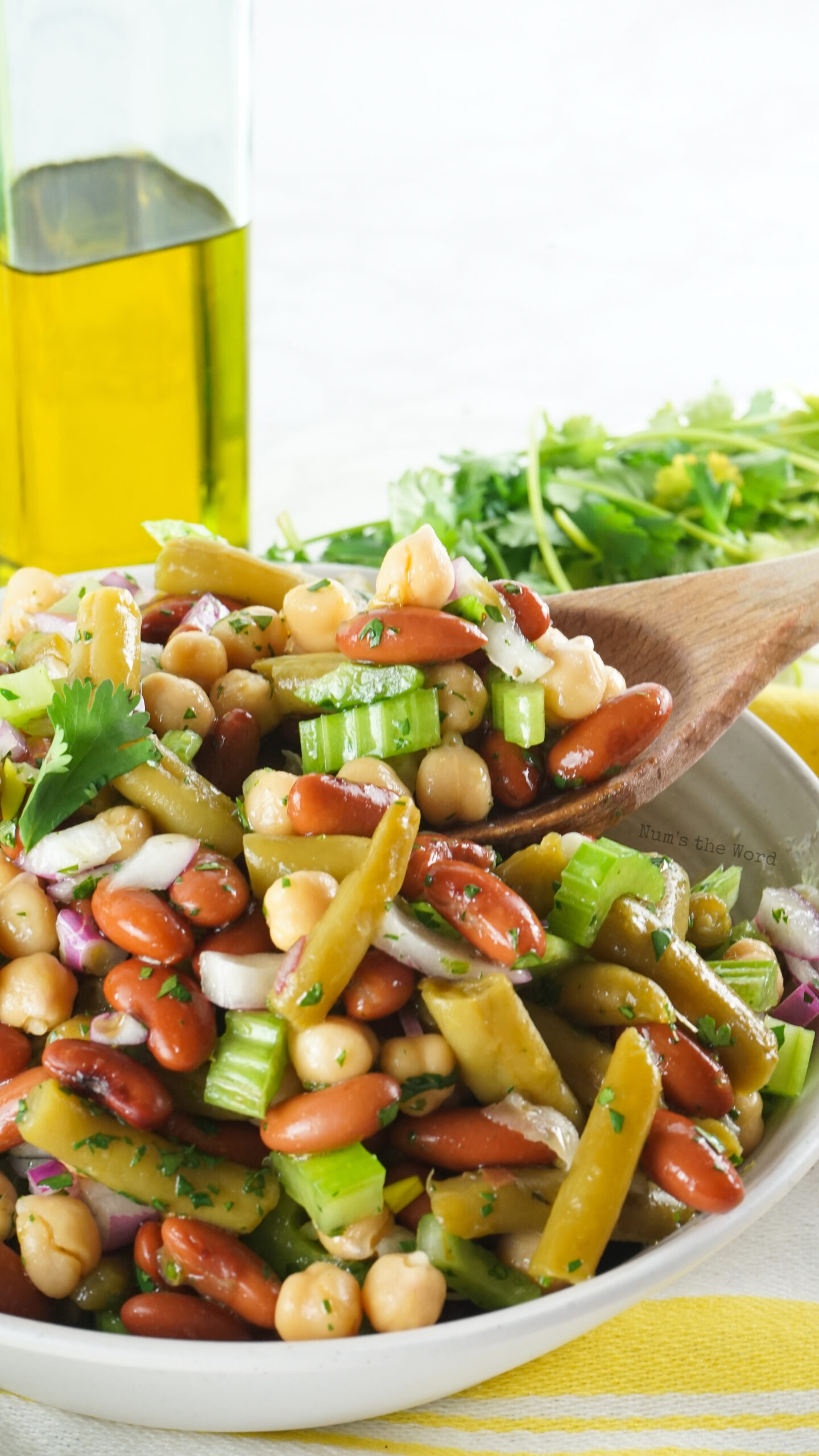 side view image of 3 bean salad in a bowl with a wooden spoon pulling out a serving.