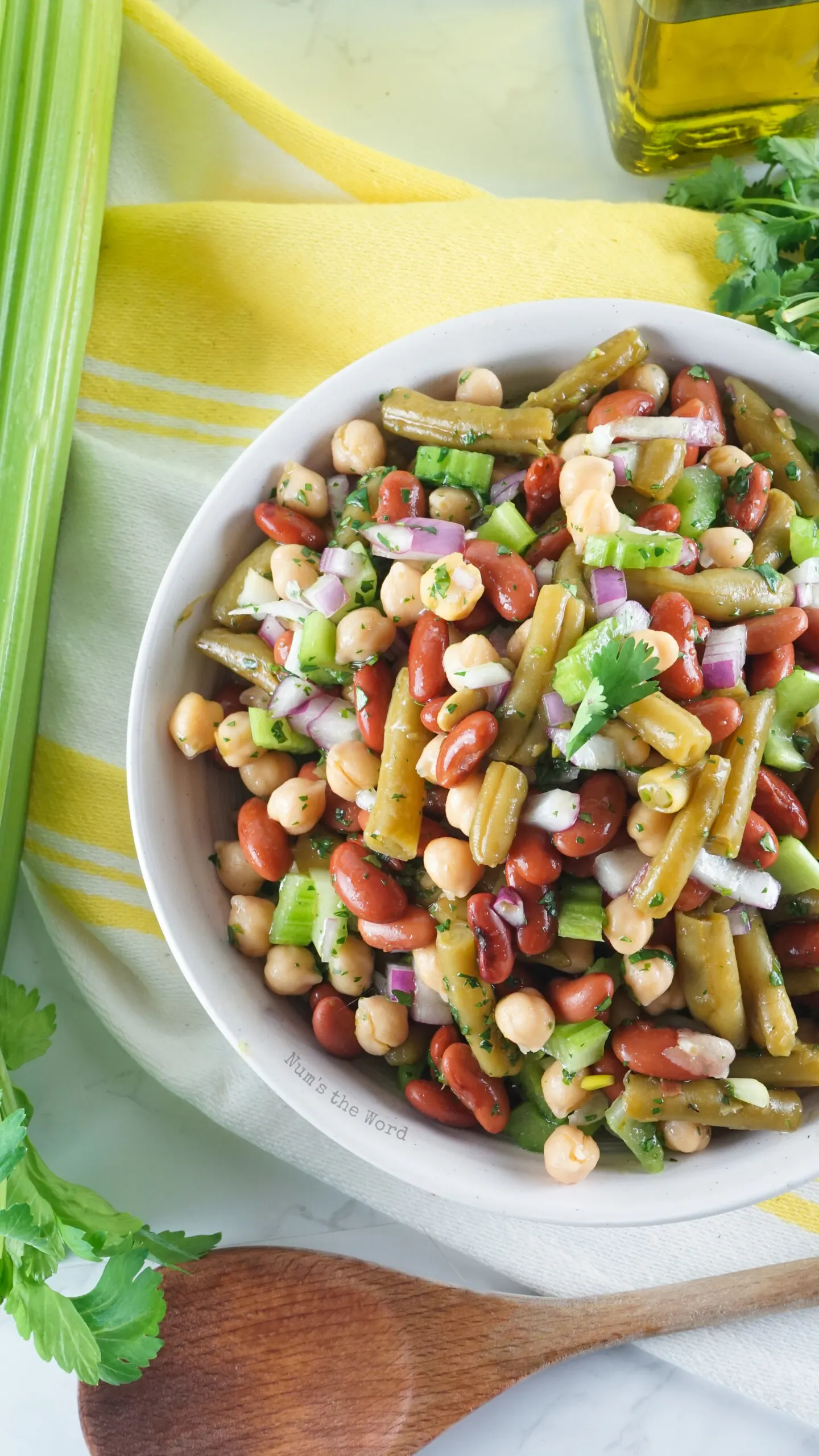 top view of 3 bean salad in a serving bowl.