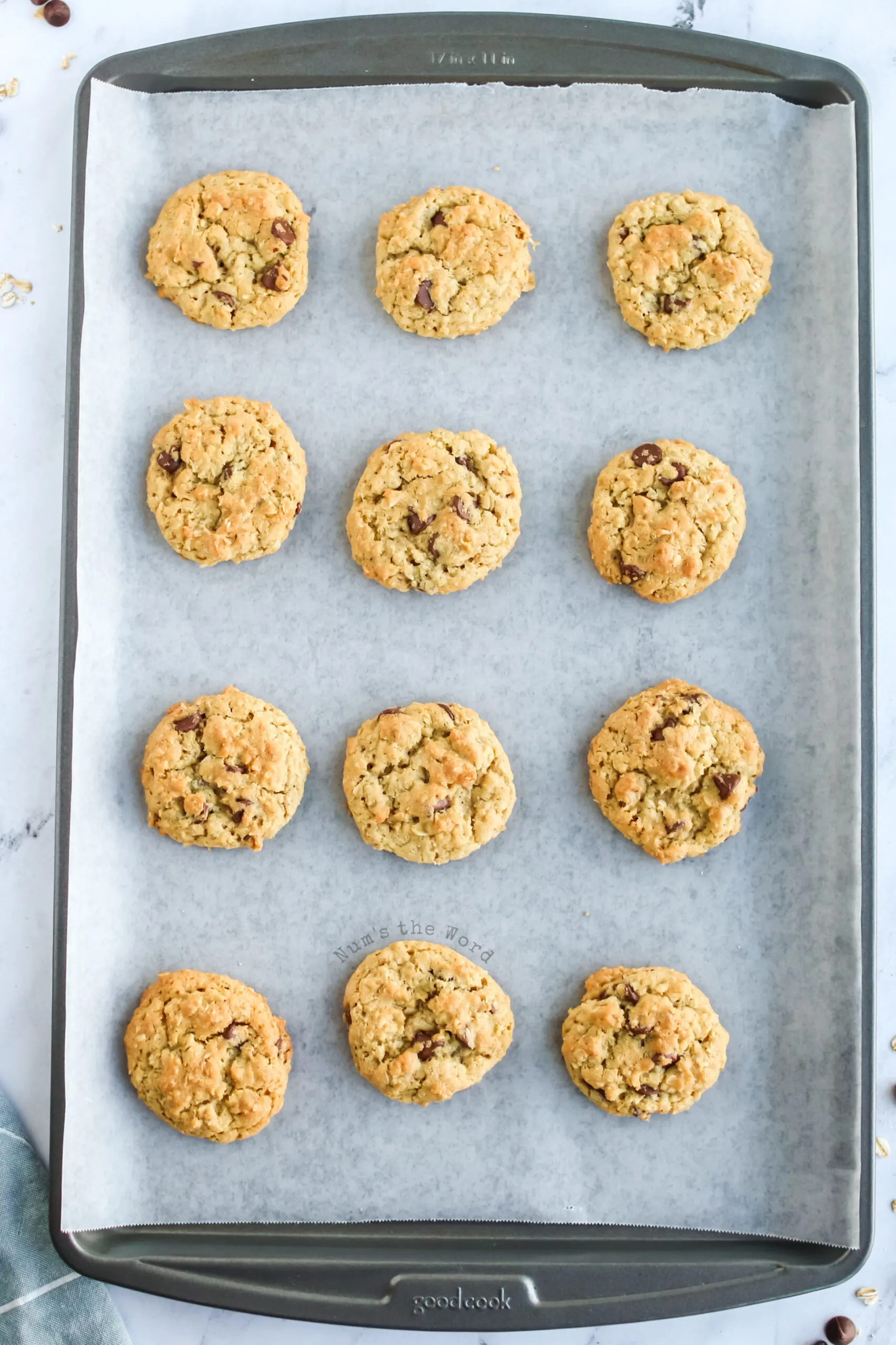 Baked oatmeal chocolate chip cookies fresh out of the oven.