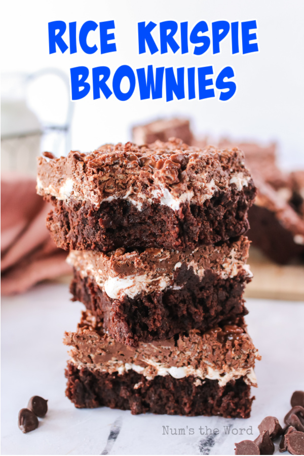 Rice Krispies Brownies main image for recipe. 3 brownies stacked on top of each other.