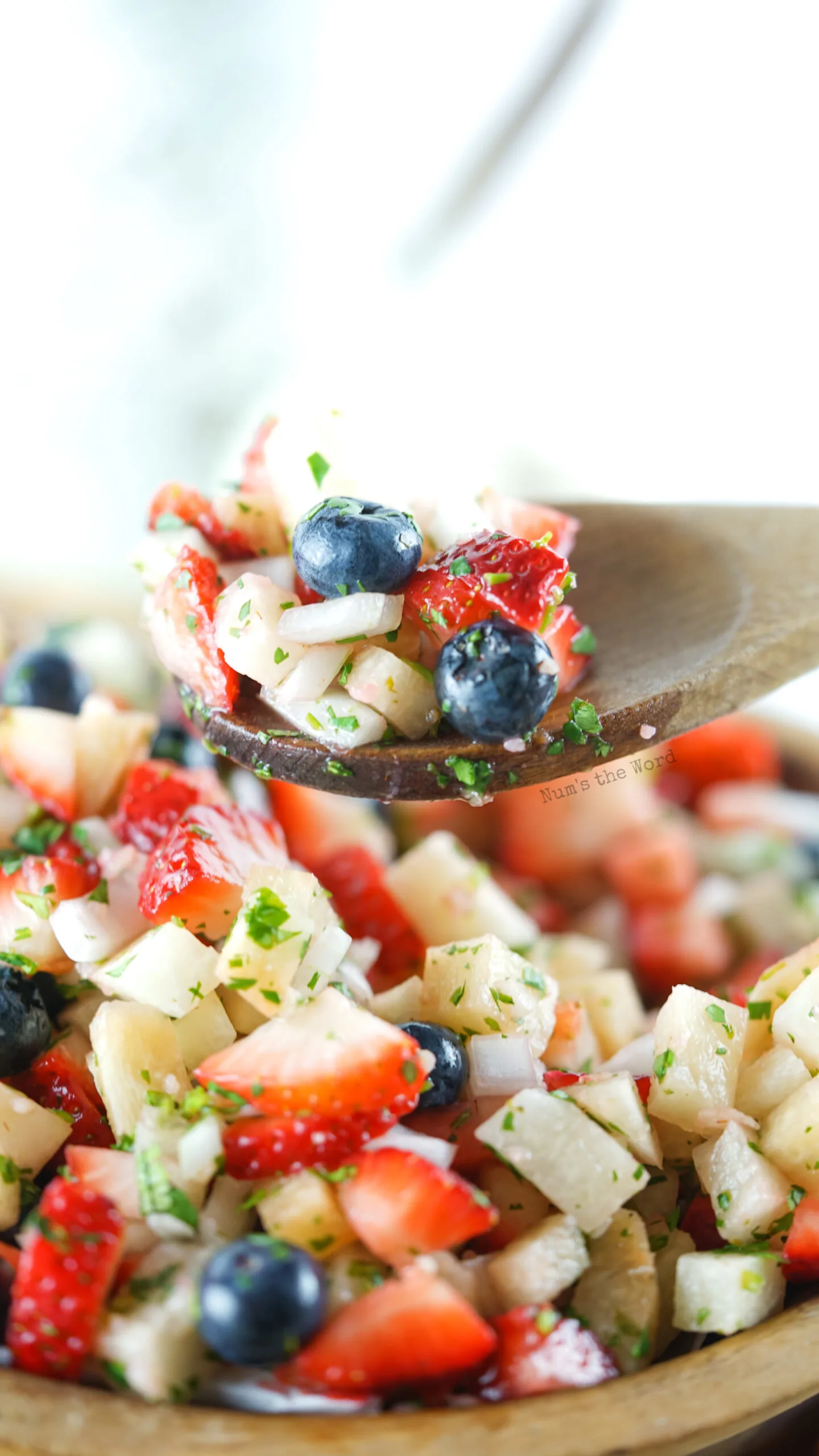 wooden spoon full of salsa close to camera.