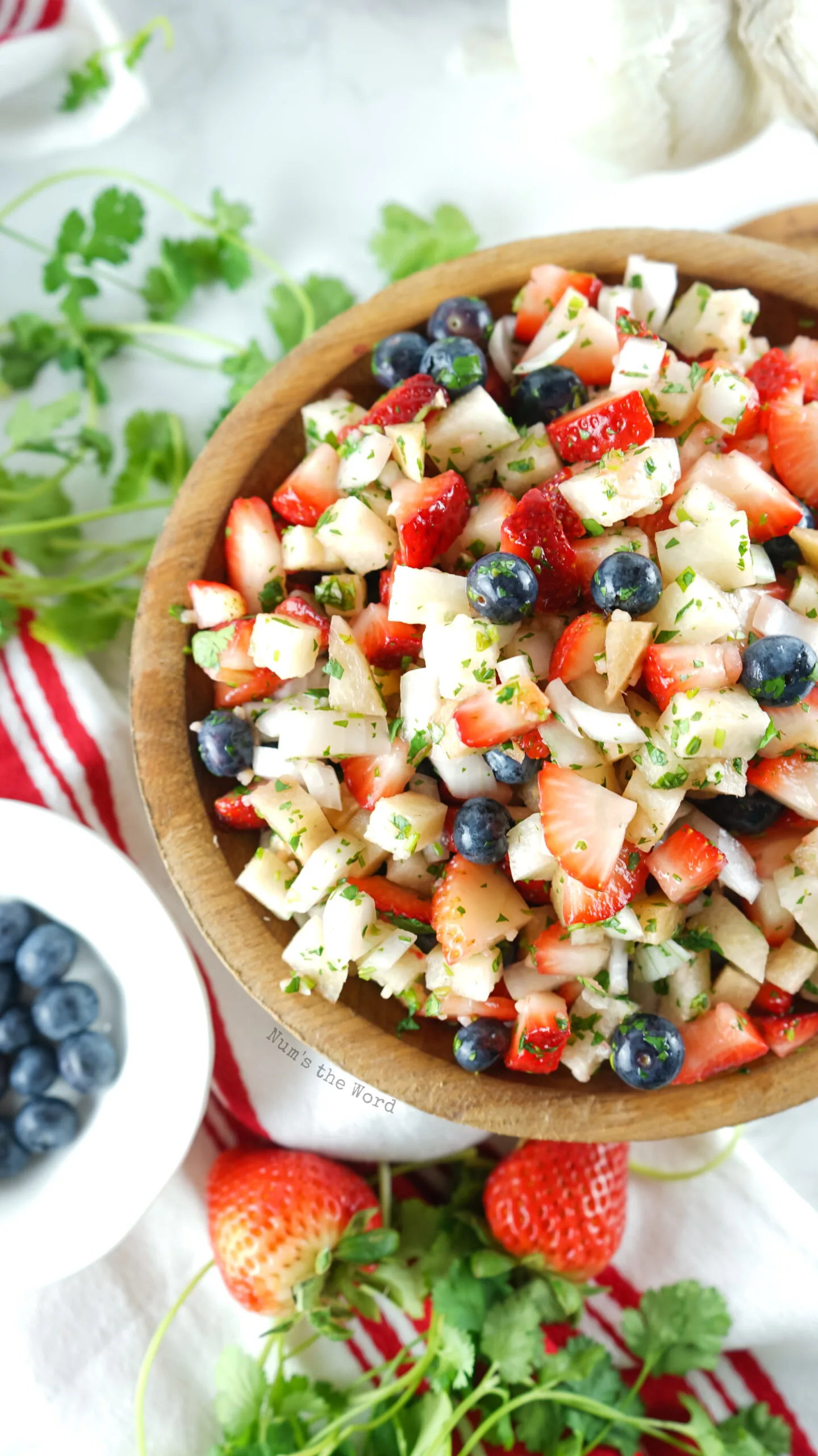 close up of fruit salsa in bowl, view from the top