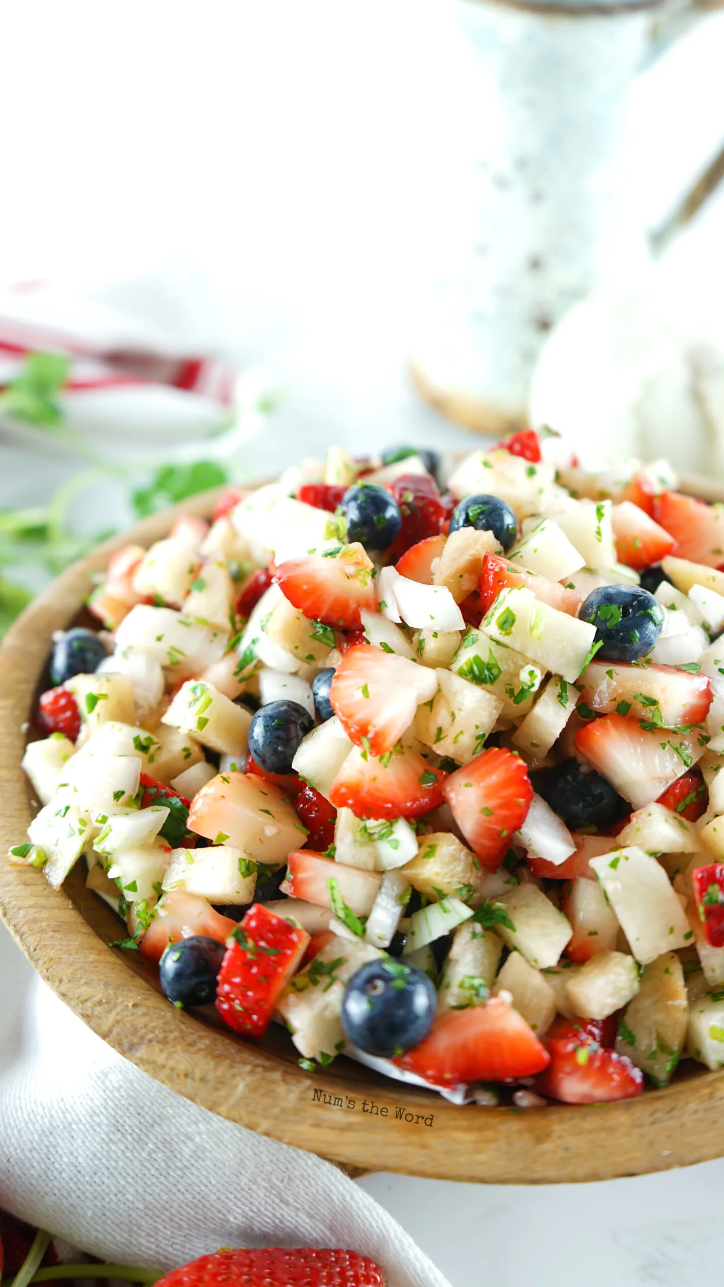 fruit salsa mixed and in a bowl.