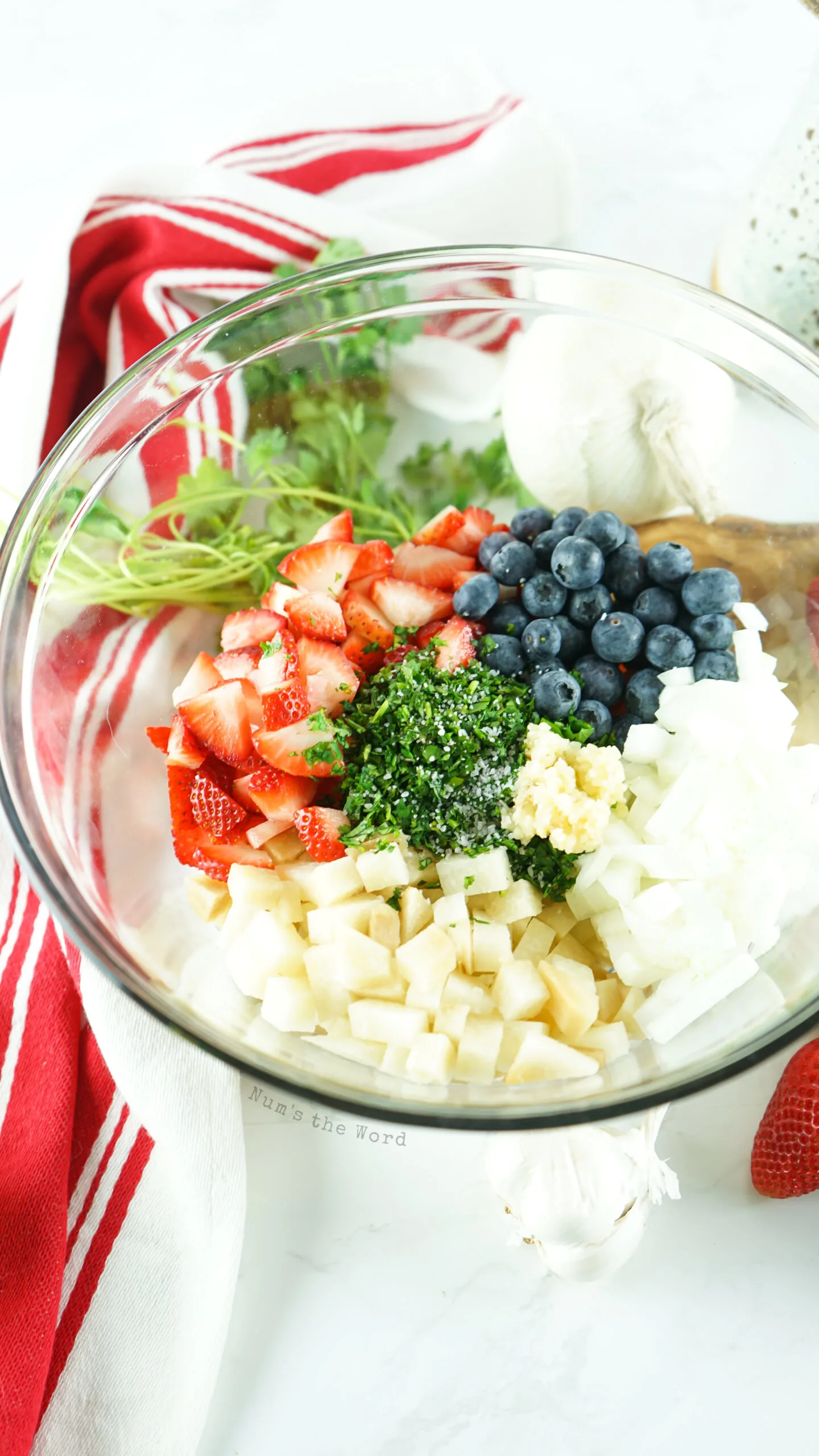 All ingredients in a bowl, unmixed for fruit salsa