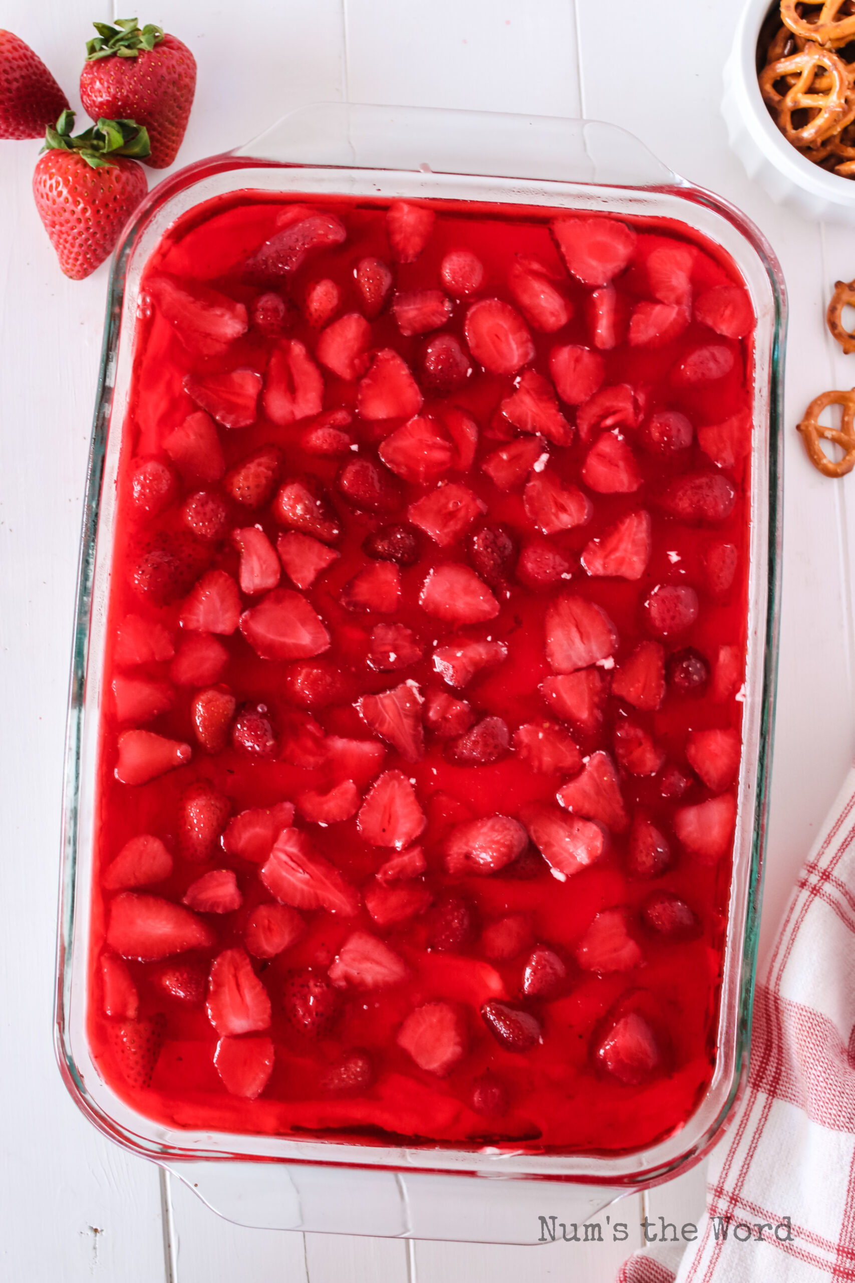 strawberry jello layer on top of the creamy layer.