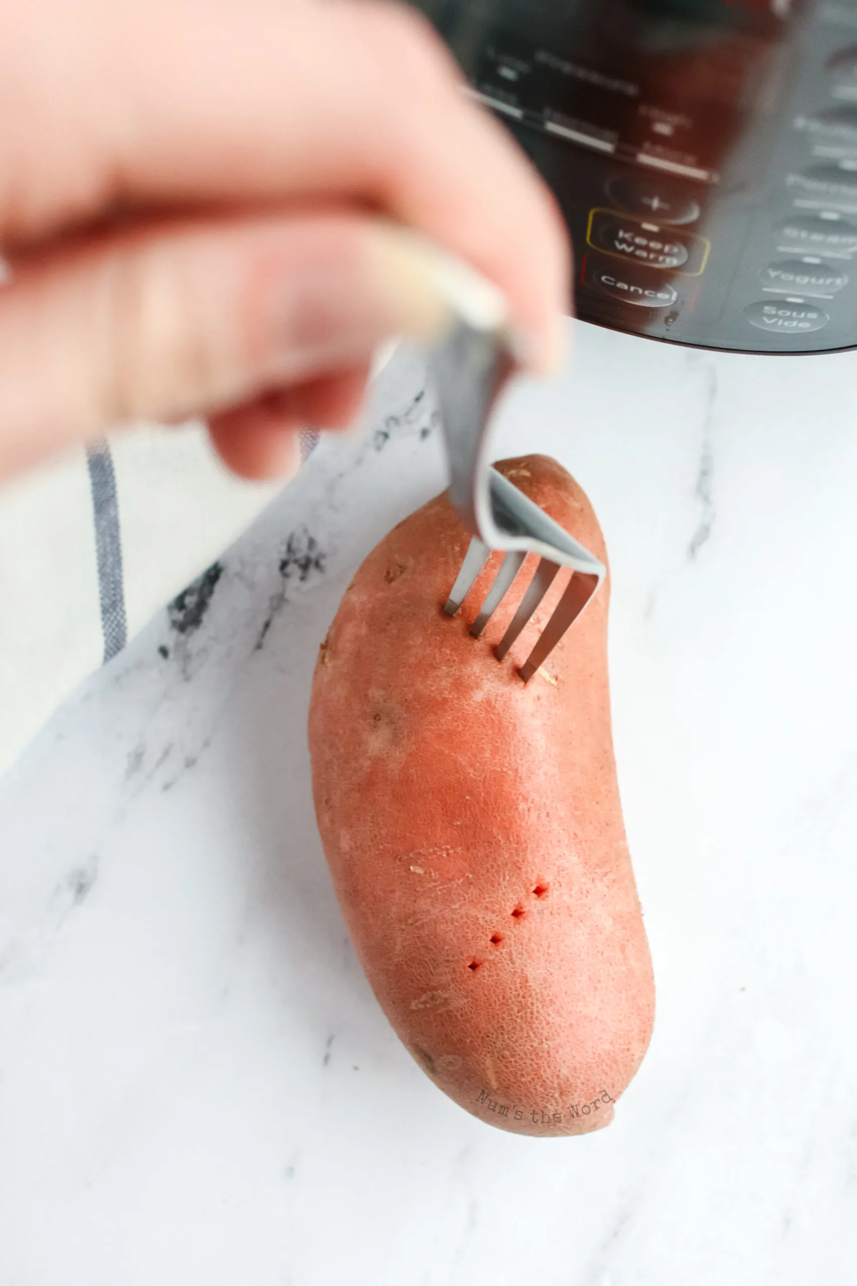 fork pricking sweet potatoes before putting into the instant pot.