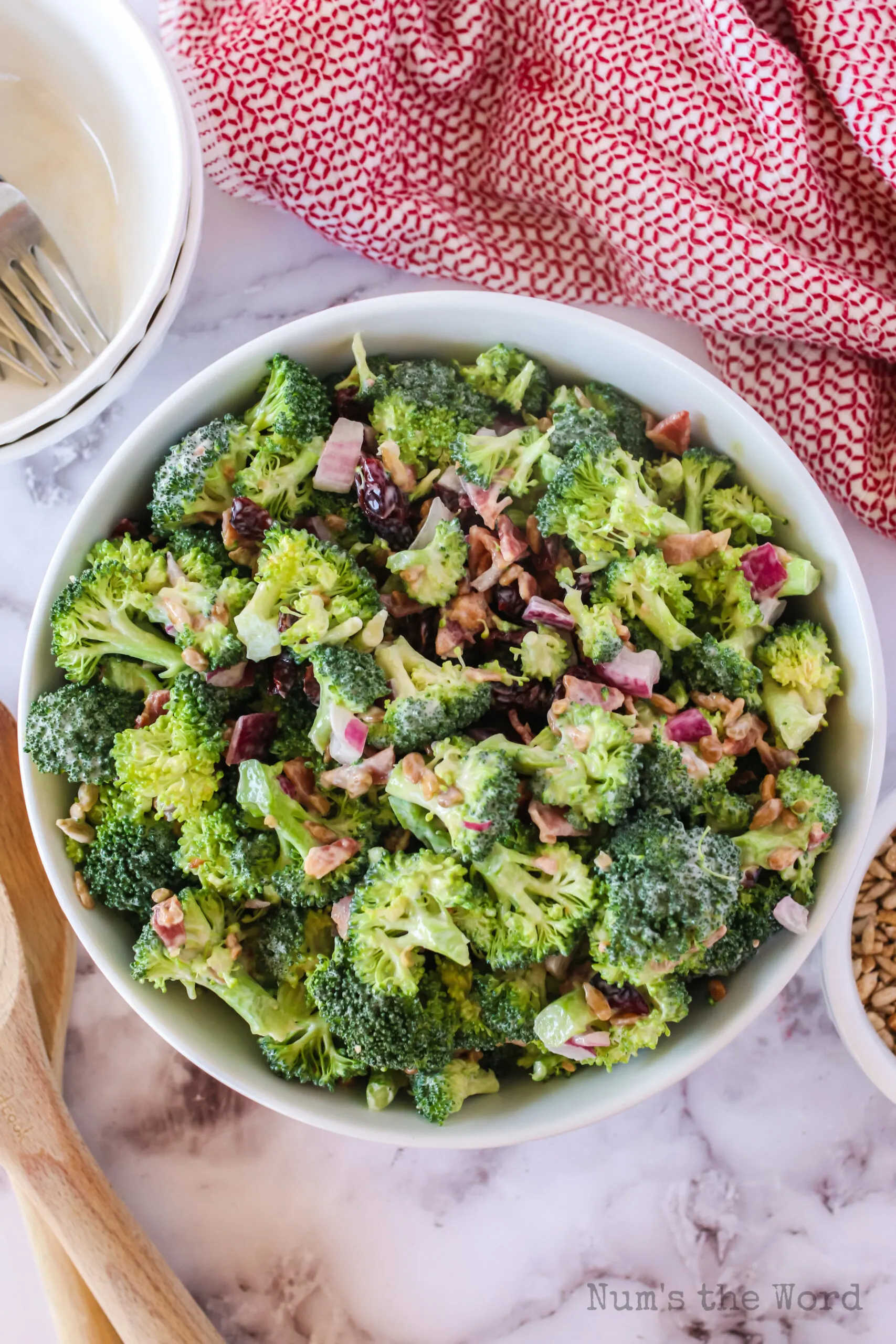 top view looking down at broccoli salad with bacon