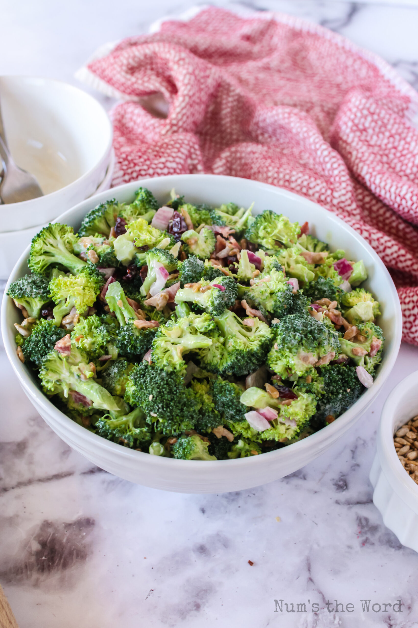 top side view of bacon broccoli salad in a bowl