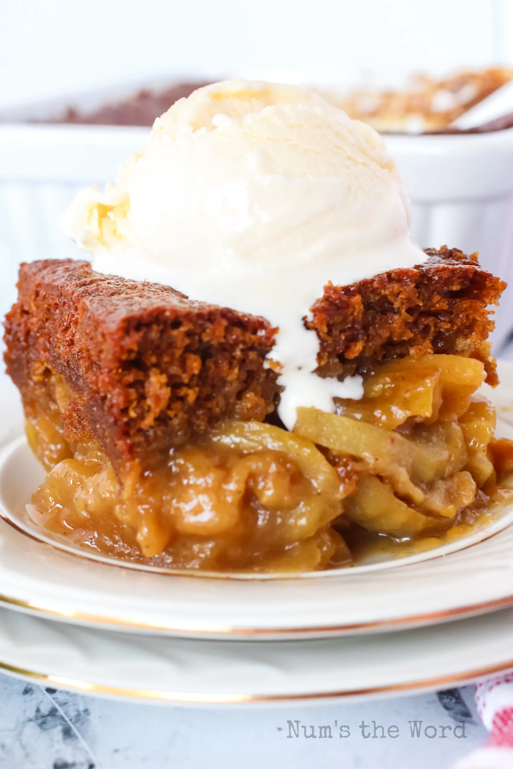 close up of gingerbread cake with apples and ice cream.