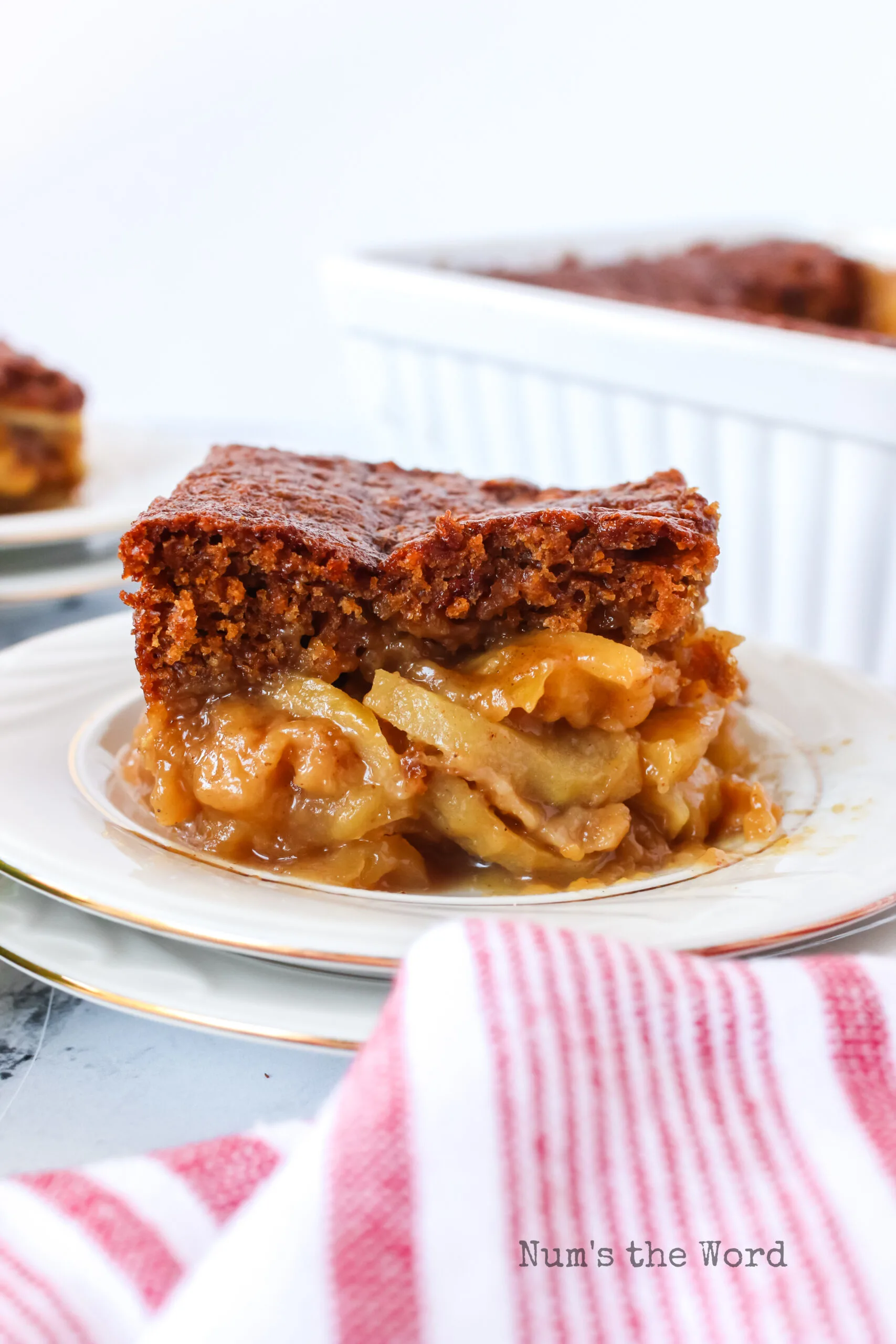 apple gingerbread cake on a plate showing the layers of apples and cake.