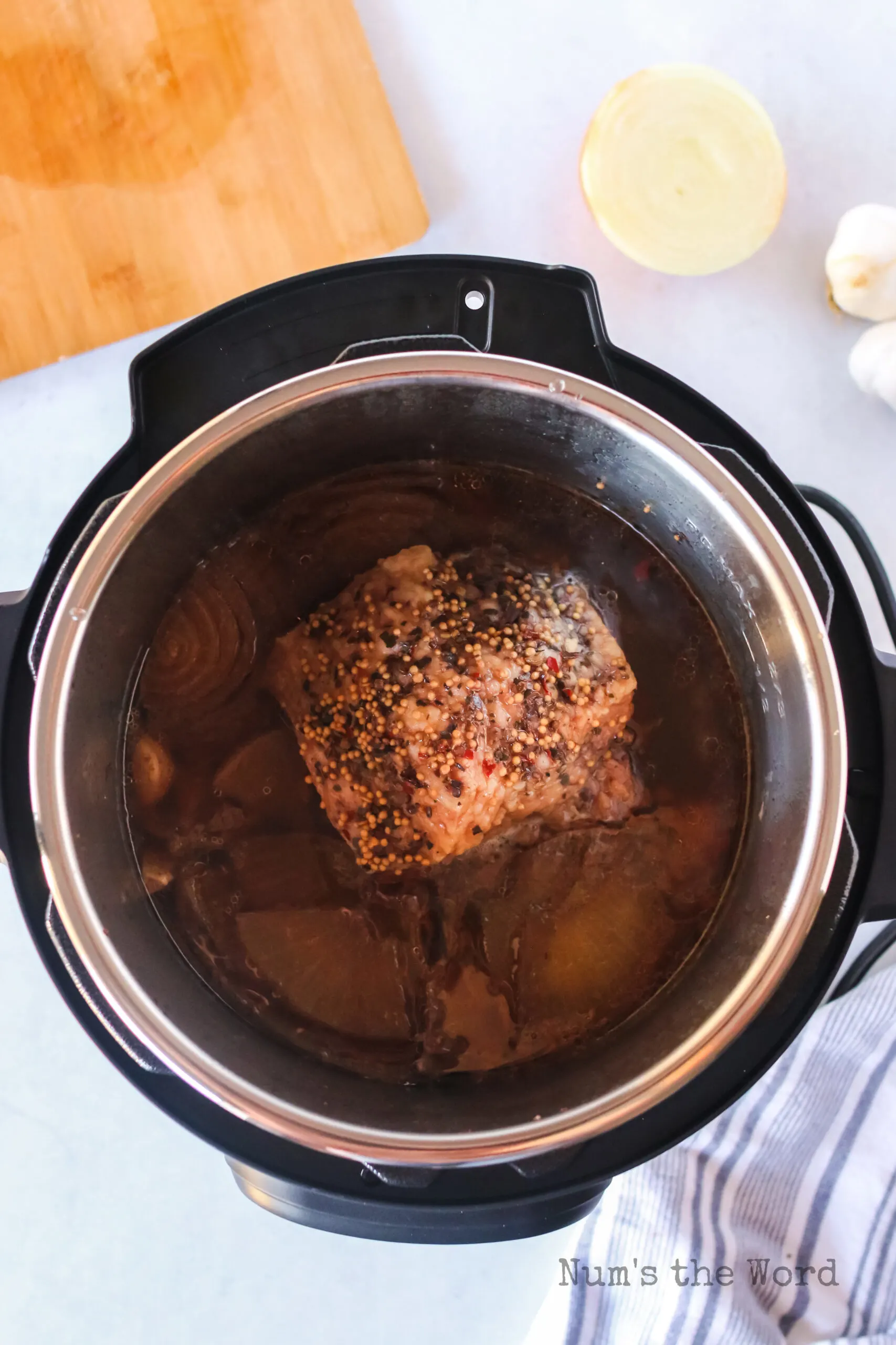 cooked corned beef inside the instant pot.