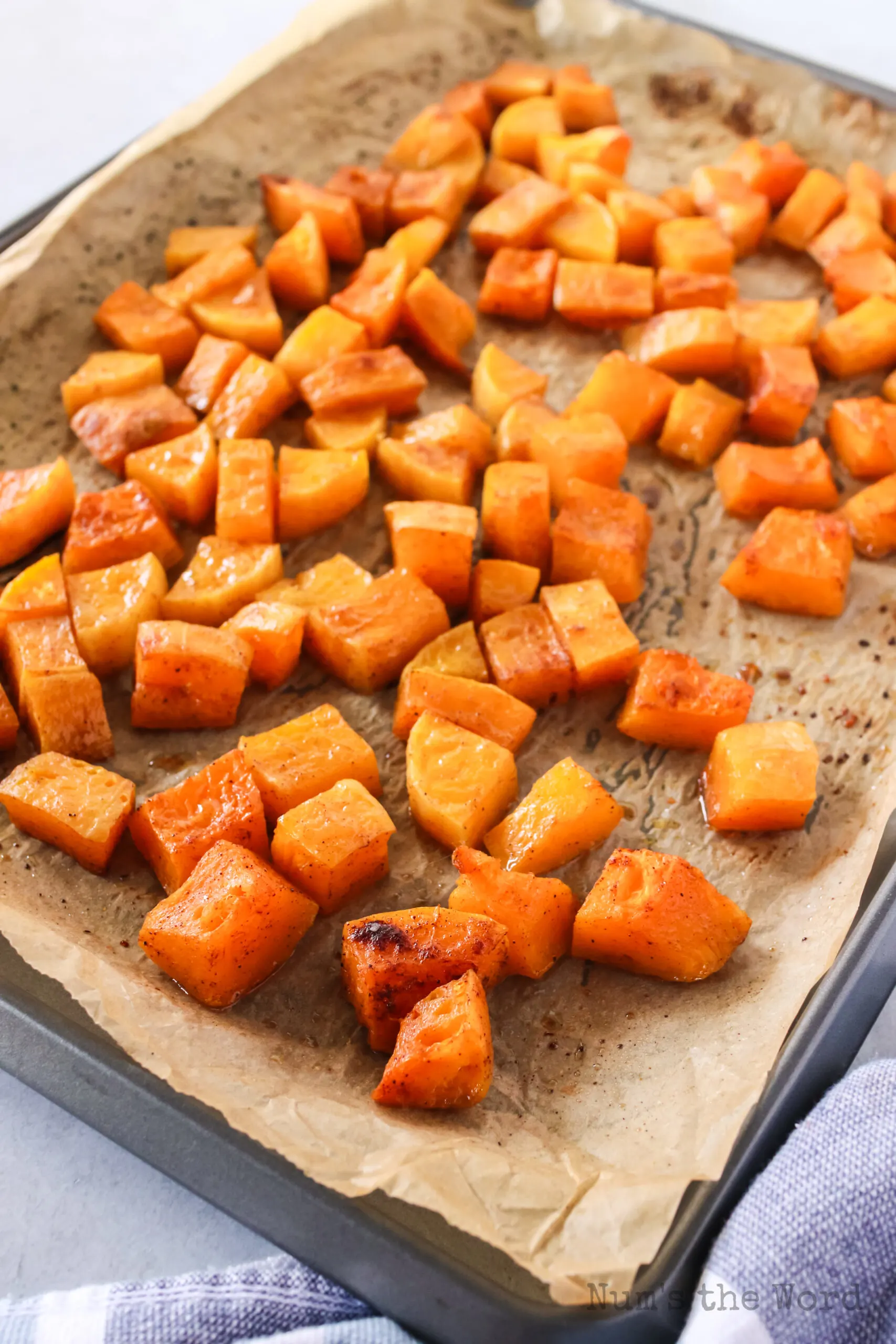 side angle of squash on cookie sheet ready to serve