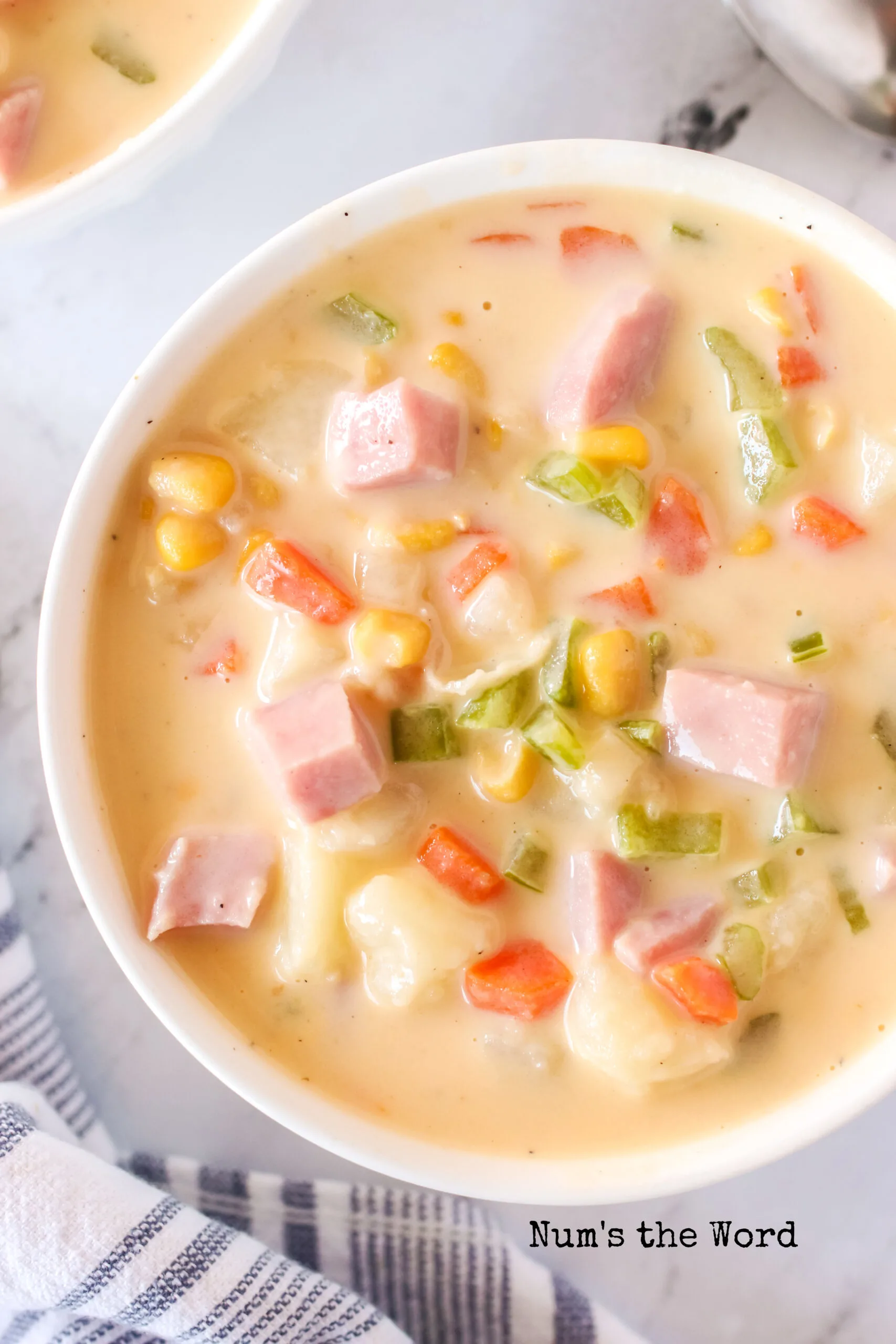 Bowl of Cheesy Ham and Potato soup ready to enjoy