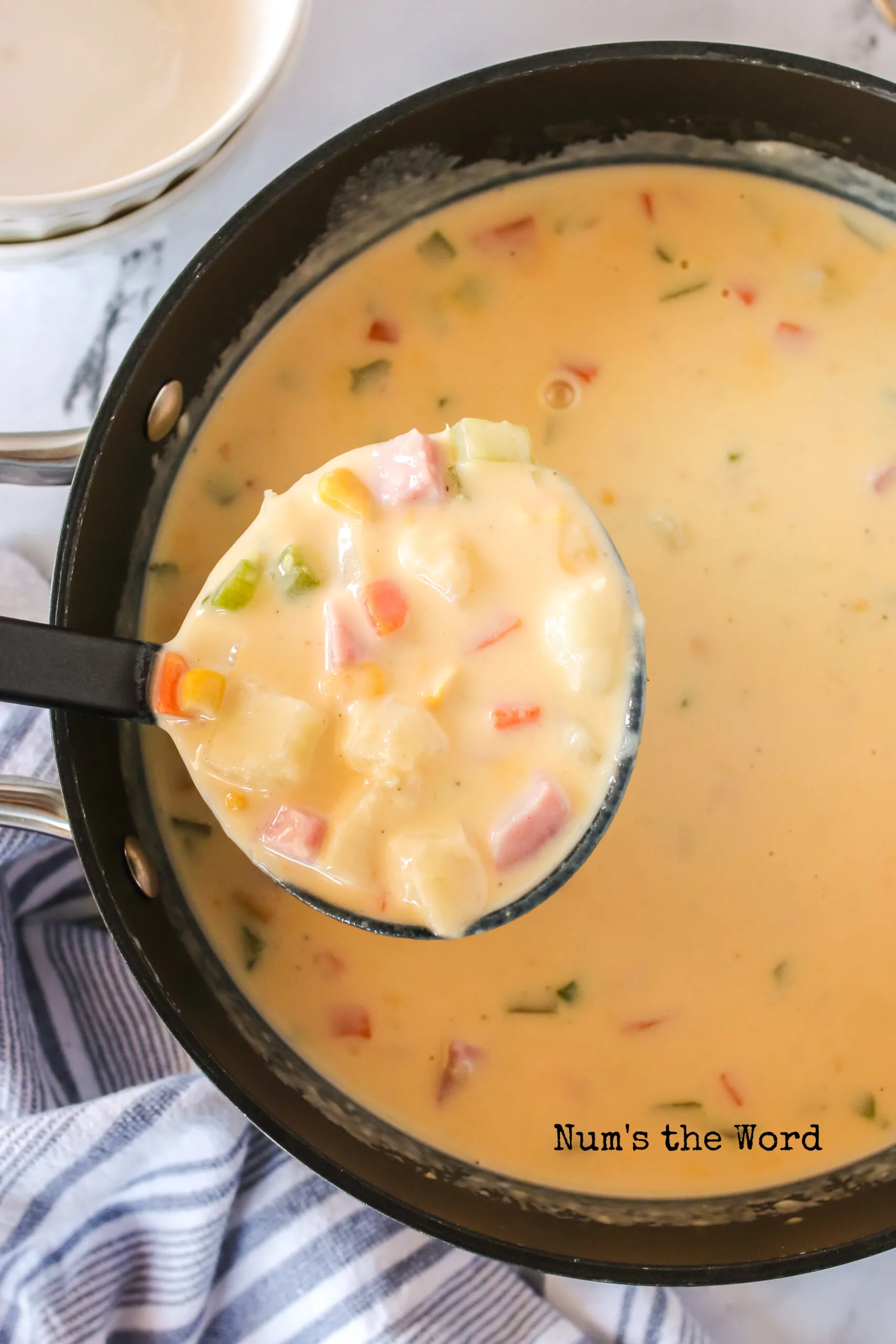 finished soup in pot. Ladle scooping some out.