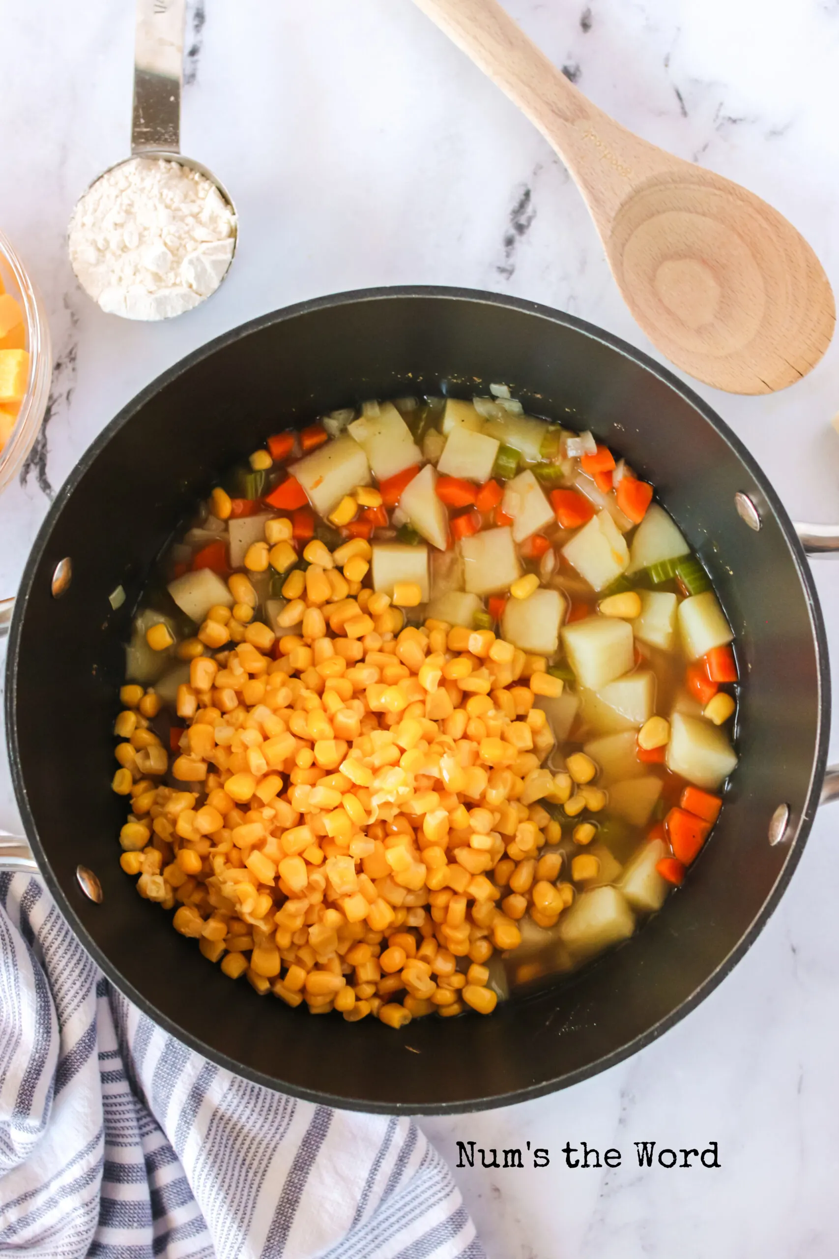 Corn added to potato mix.