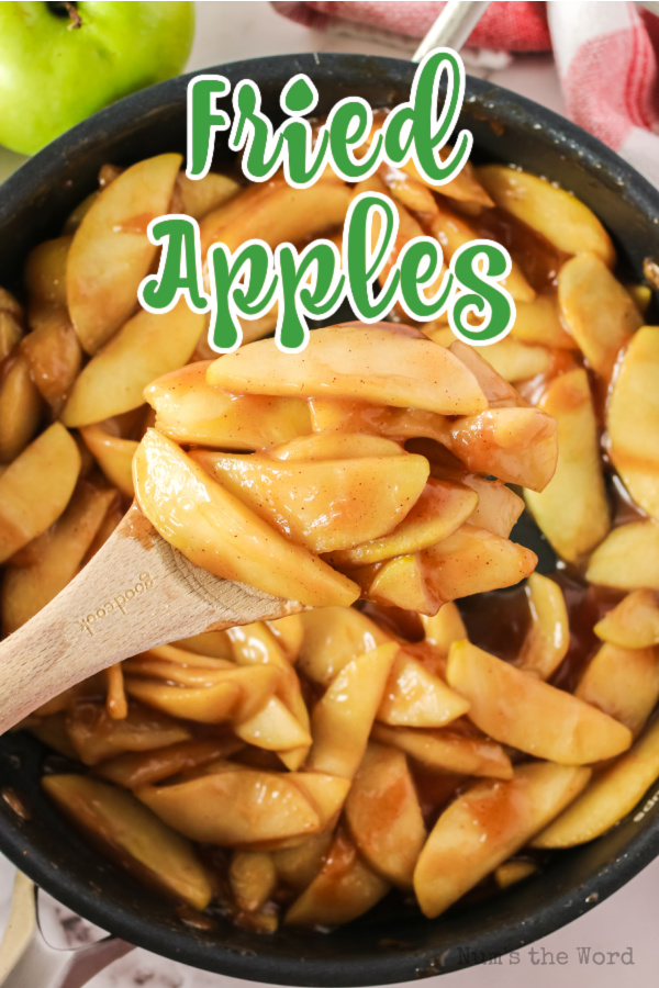 Main image for recipe of fried apples in skillet, cooked and ready to serve.