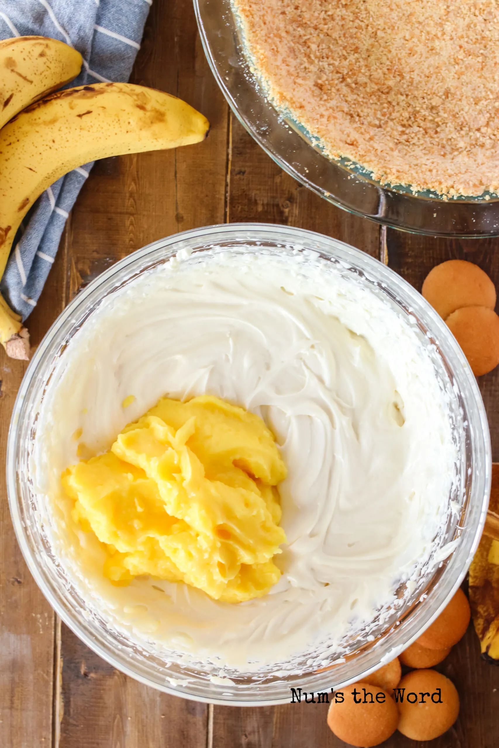thickened vanilla pudding added to cream cheese mixture.