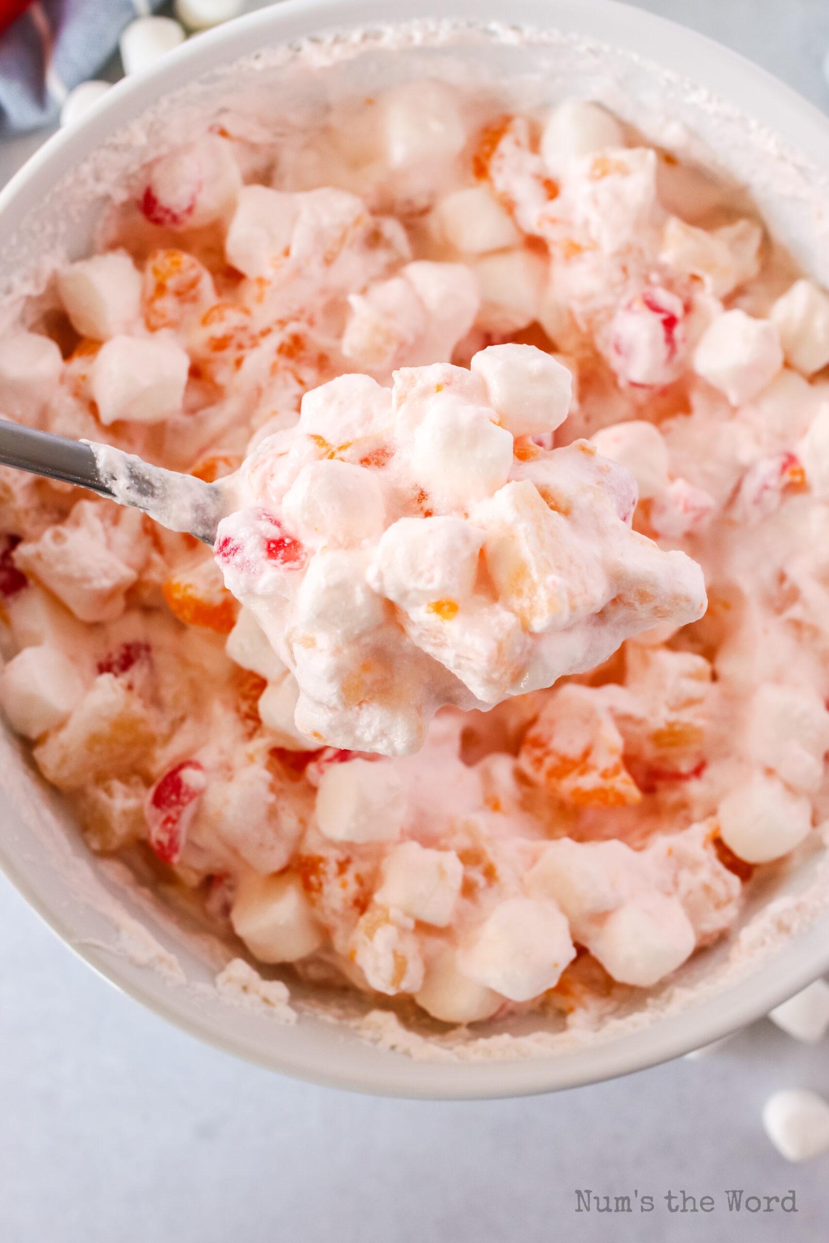 top view looking down of fruit salad in a bowl with a spoon