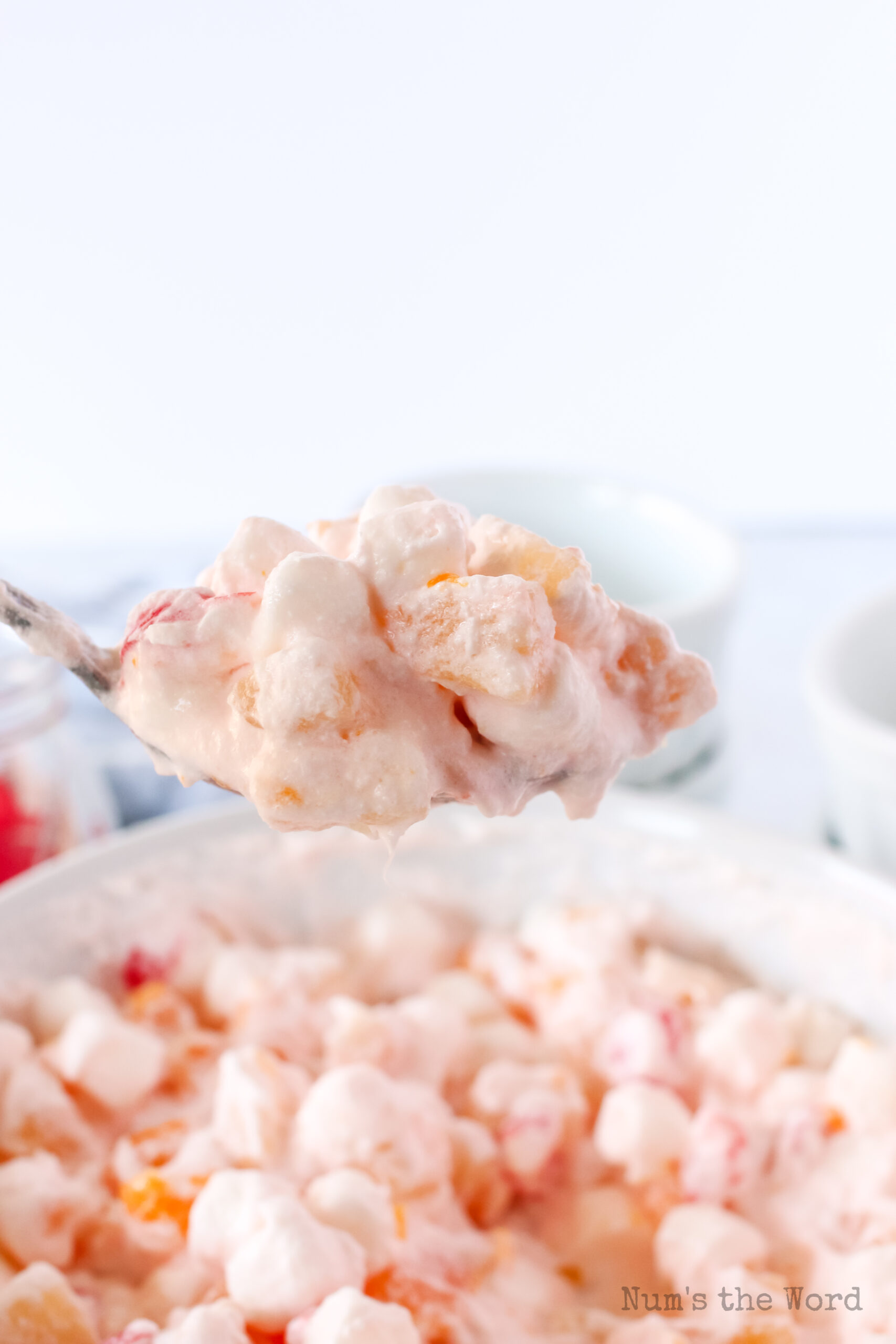 side view of fruit salad in a bowl with a spoon full being held above the bowl.