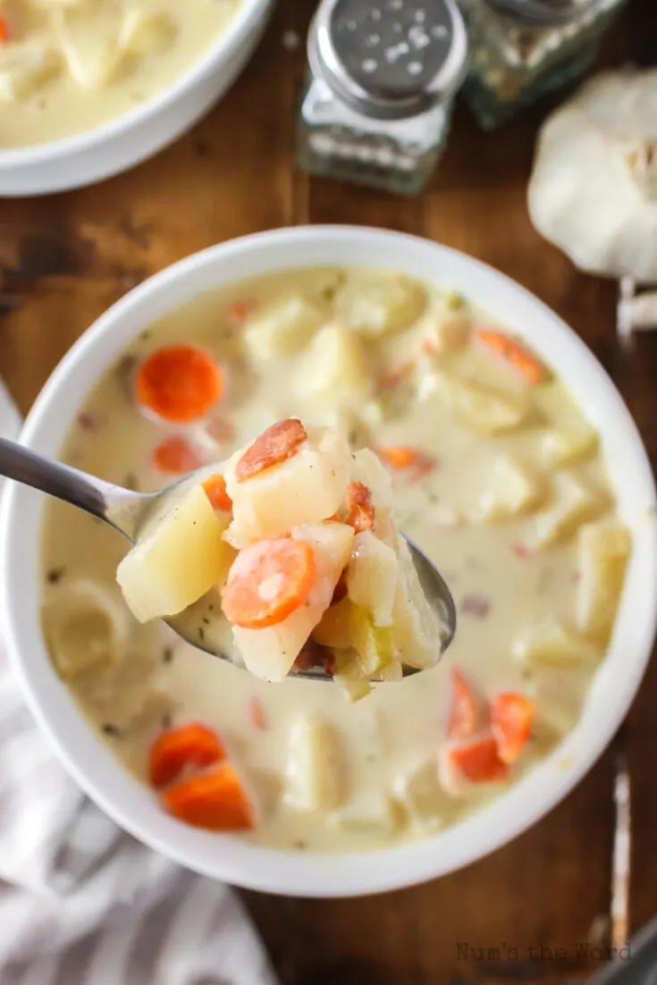 close up of soup in a bowl with a spoonful above bowl.