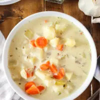 Potato soup in a bowl, ready to eat.