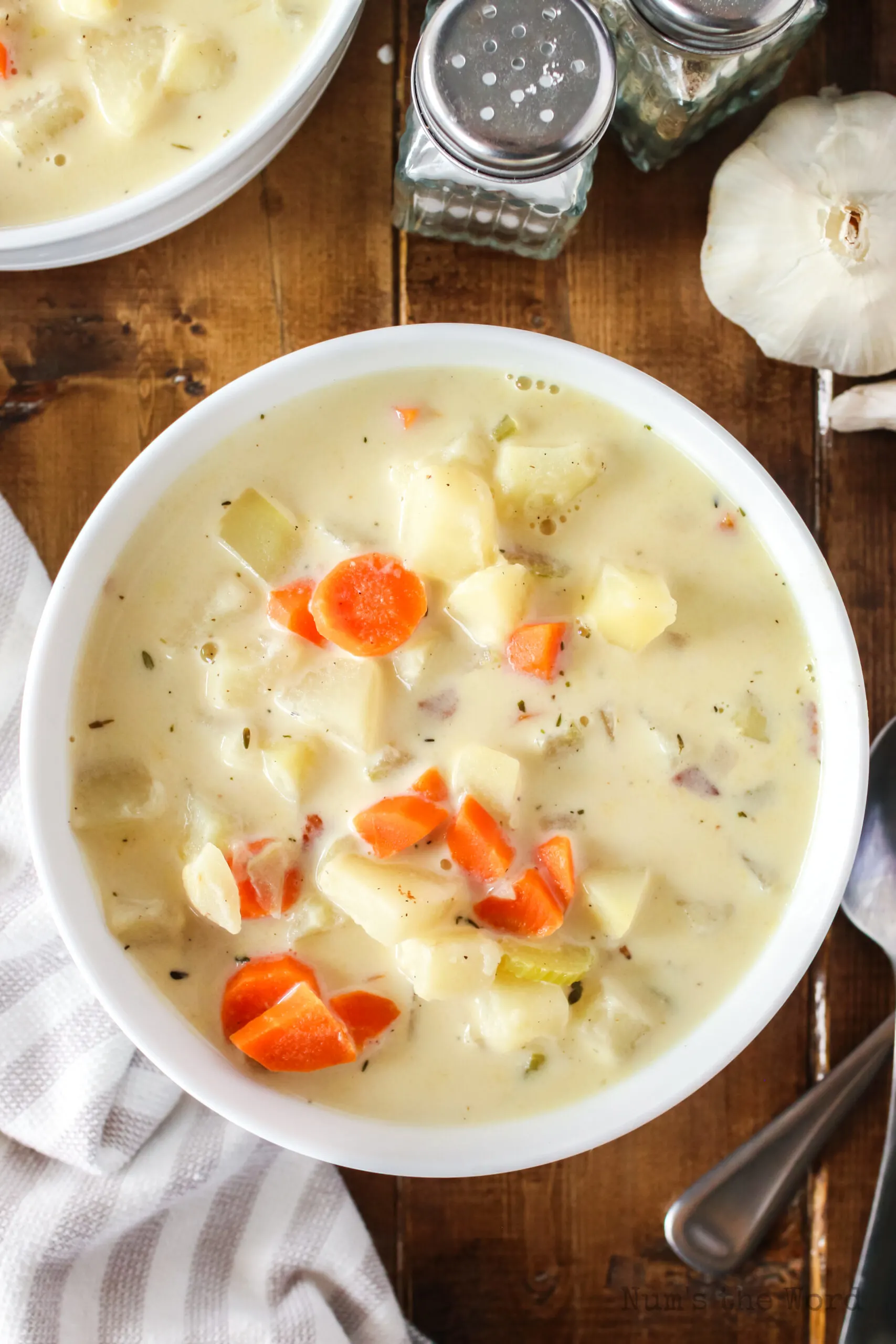 Potato soup in a bowl, ready to eat.