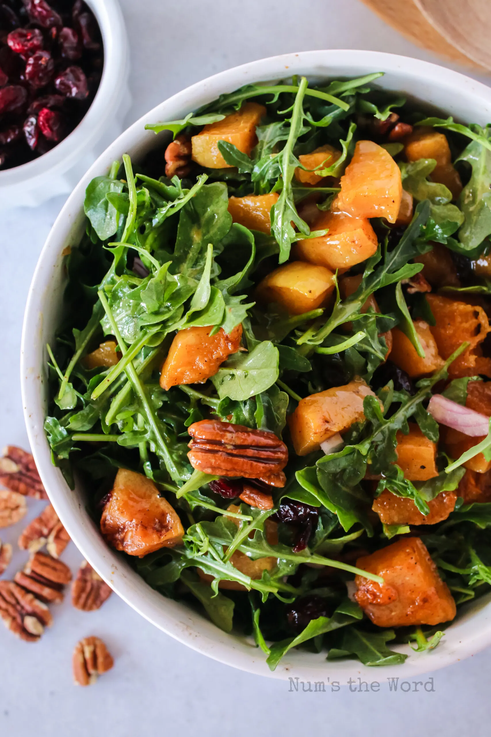 Top view looking down of a salad in a bowl with a small bowl of craisins in background.