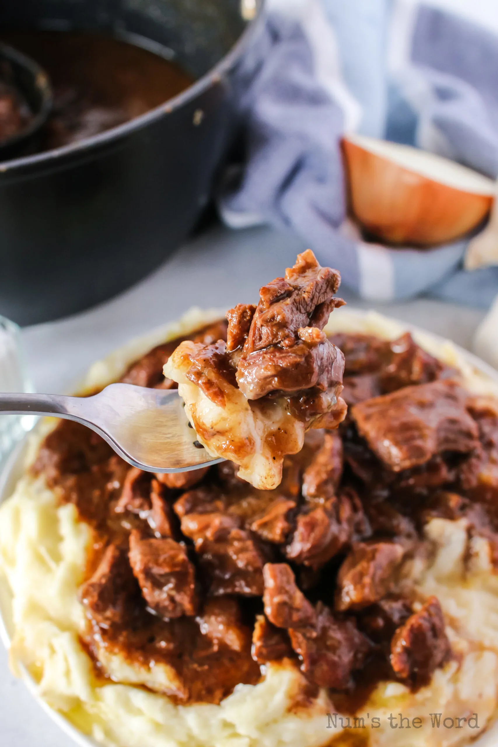 forkful of beef tips and gravy.