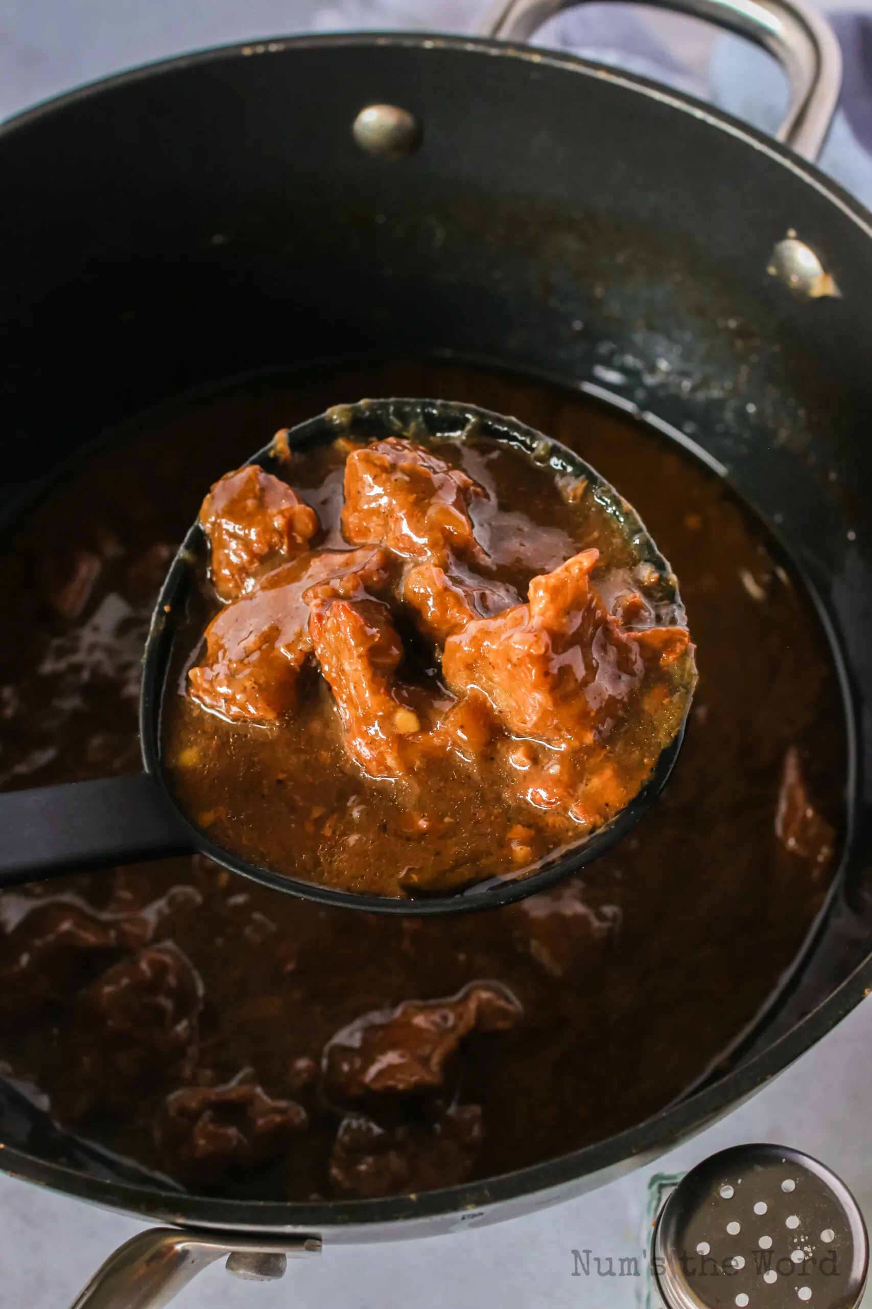 spoonful of beef tips with gravy in pot