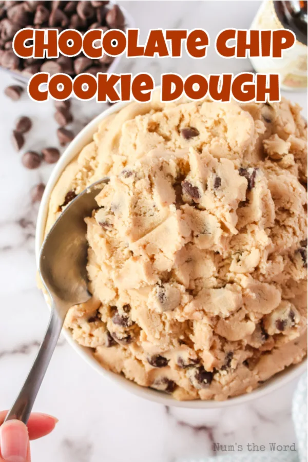 Main image for recipe of cookie dough in a bowl with a spoon scooping some out.