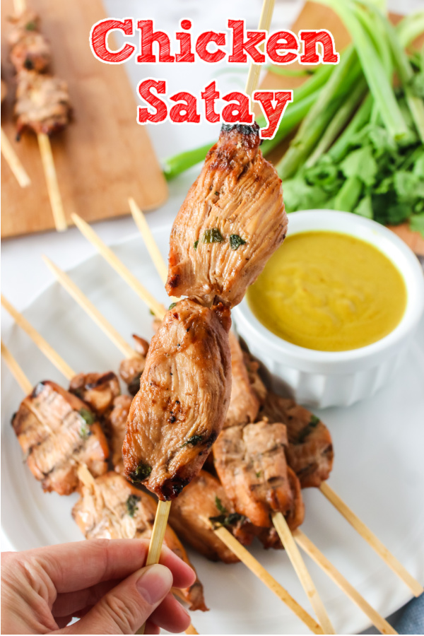Main image for recipe of chicken satay. Hand holding a cooked skewer with peanut sauce in background.