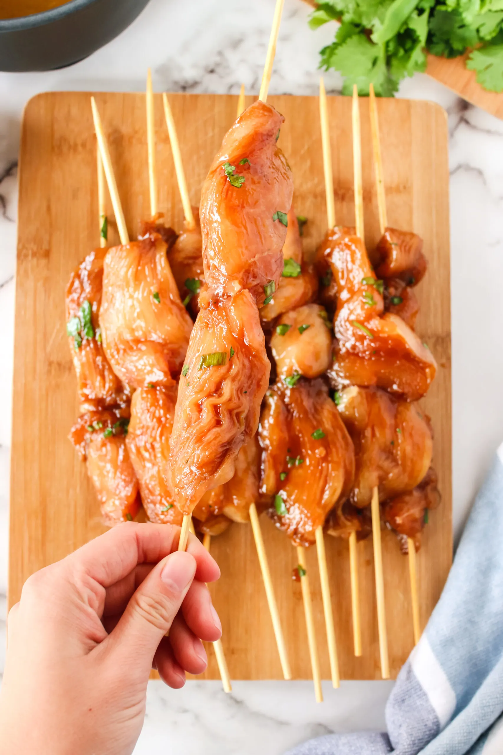 marinated chicken on skewers ready to grill.