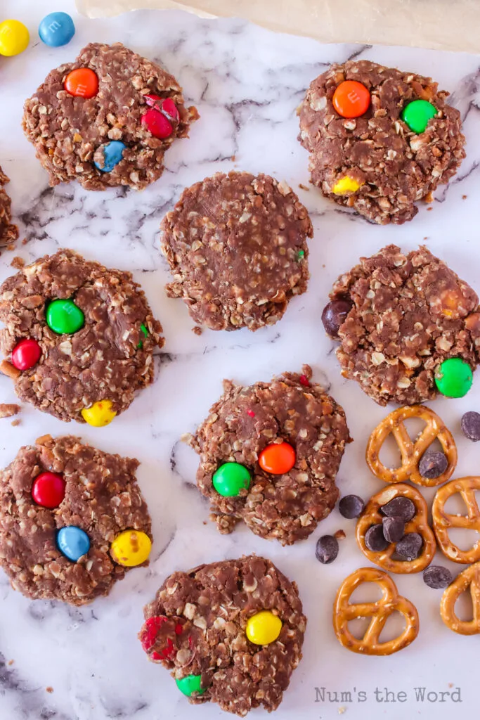 monster cookies cooled and on counter, ready to eat