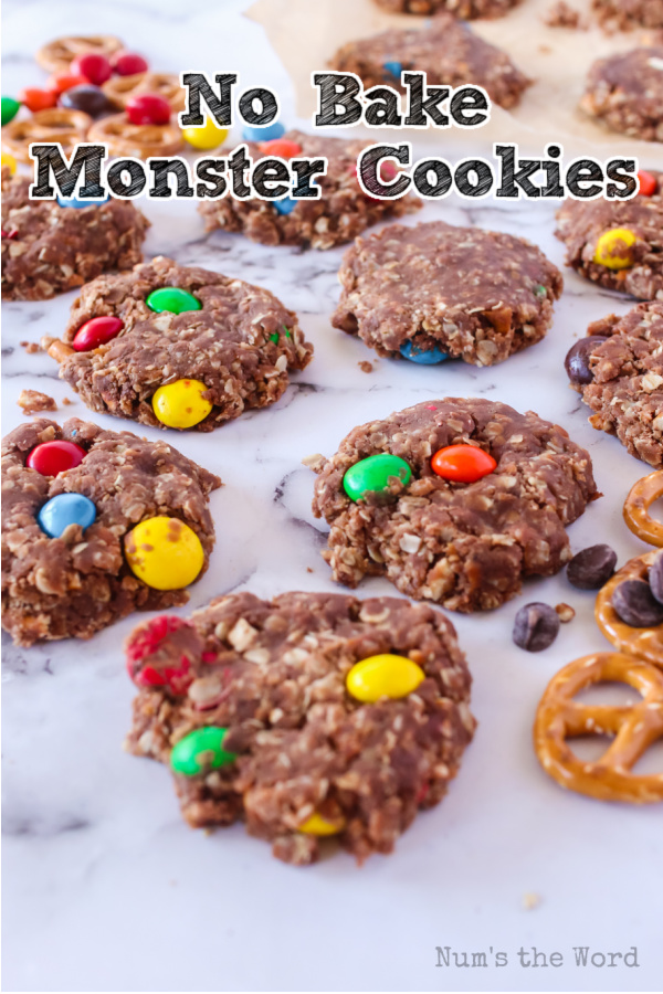 Main image for recipe of No Bake Monster Cookies. Cookies are all laid out on counter.