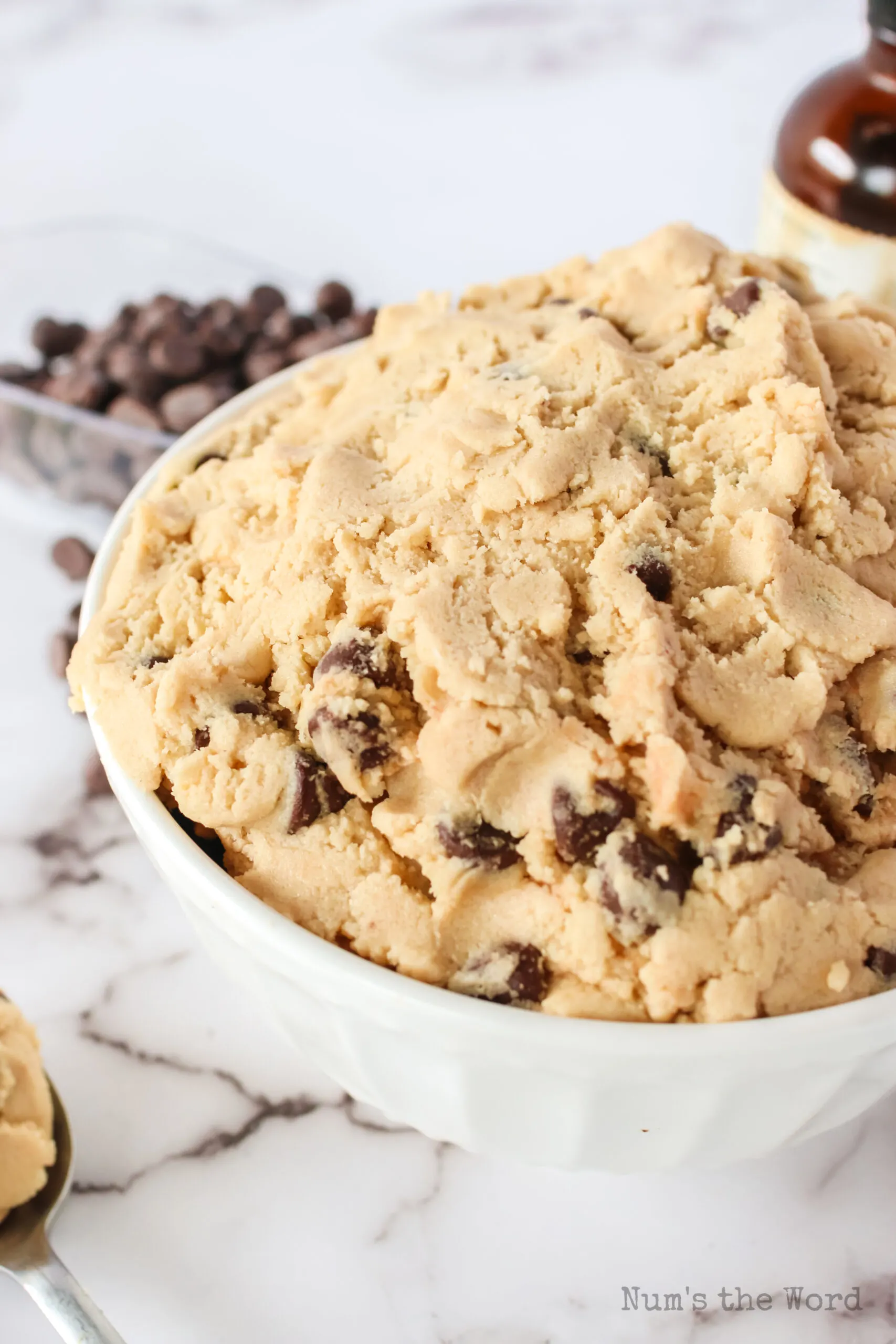 size view of cookie dough in a bowl