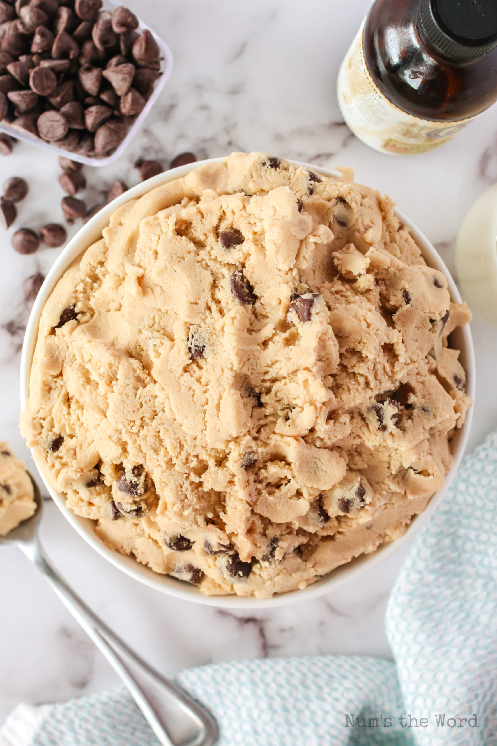 cookie dough mixed and in a bowl ready to eat.