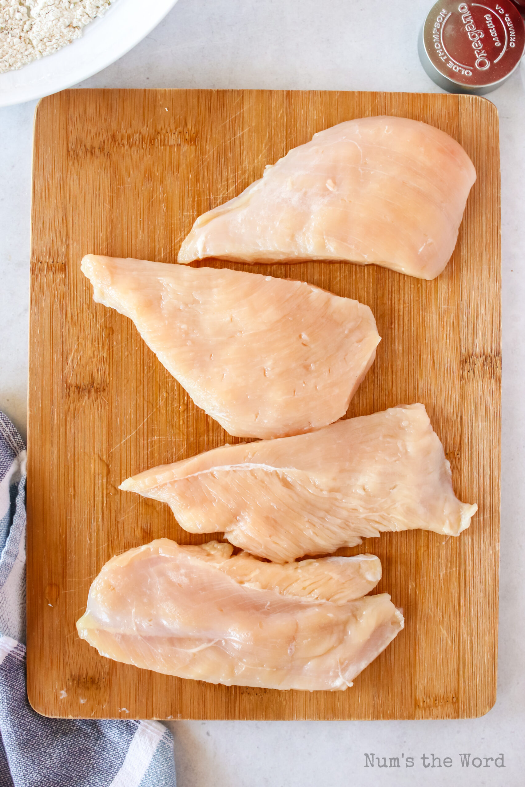 2 chicken breasts cut in half lengthwise to create 4 thinner breasts