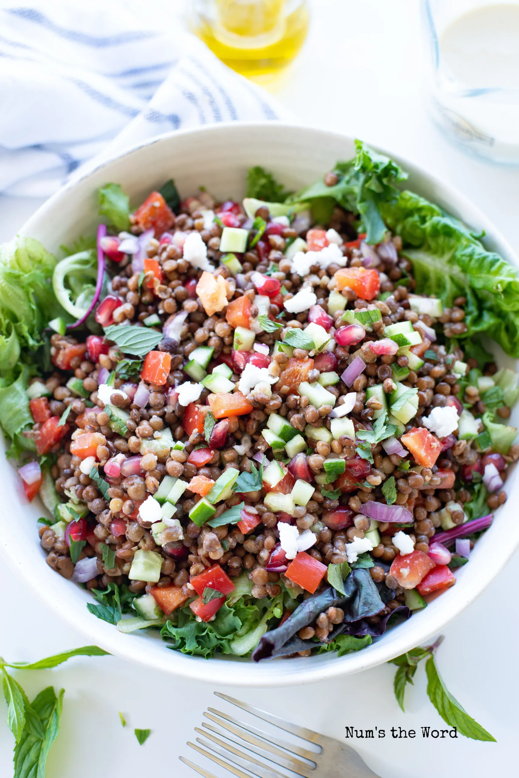 lentil salad placed in a bowl of lettuce