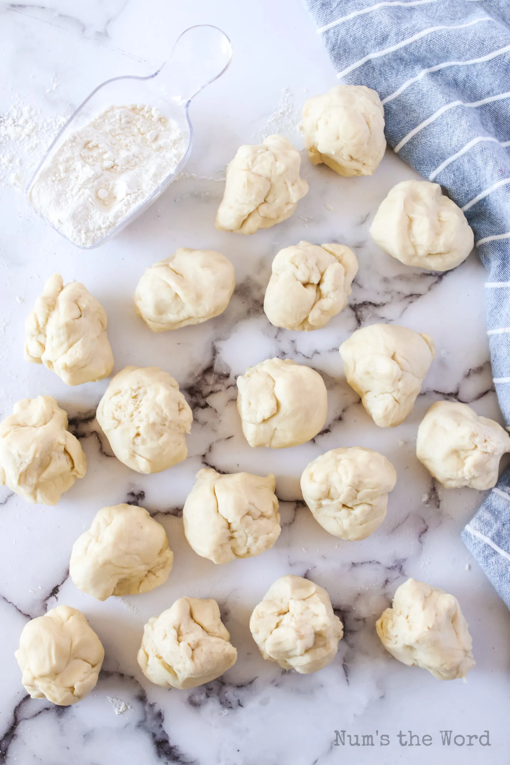 Each half of dough cut into 8 pieces each, which makes 16 buns.