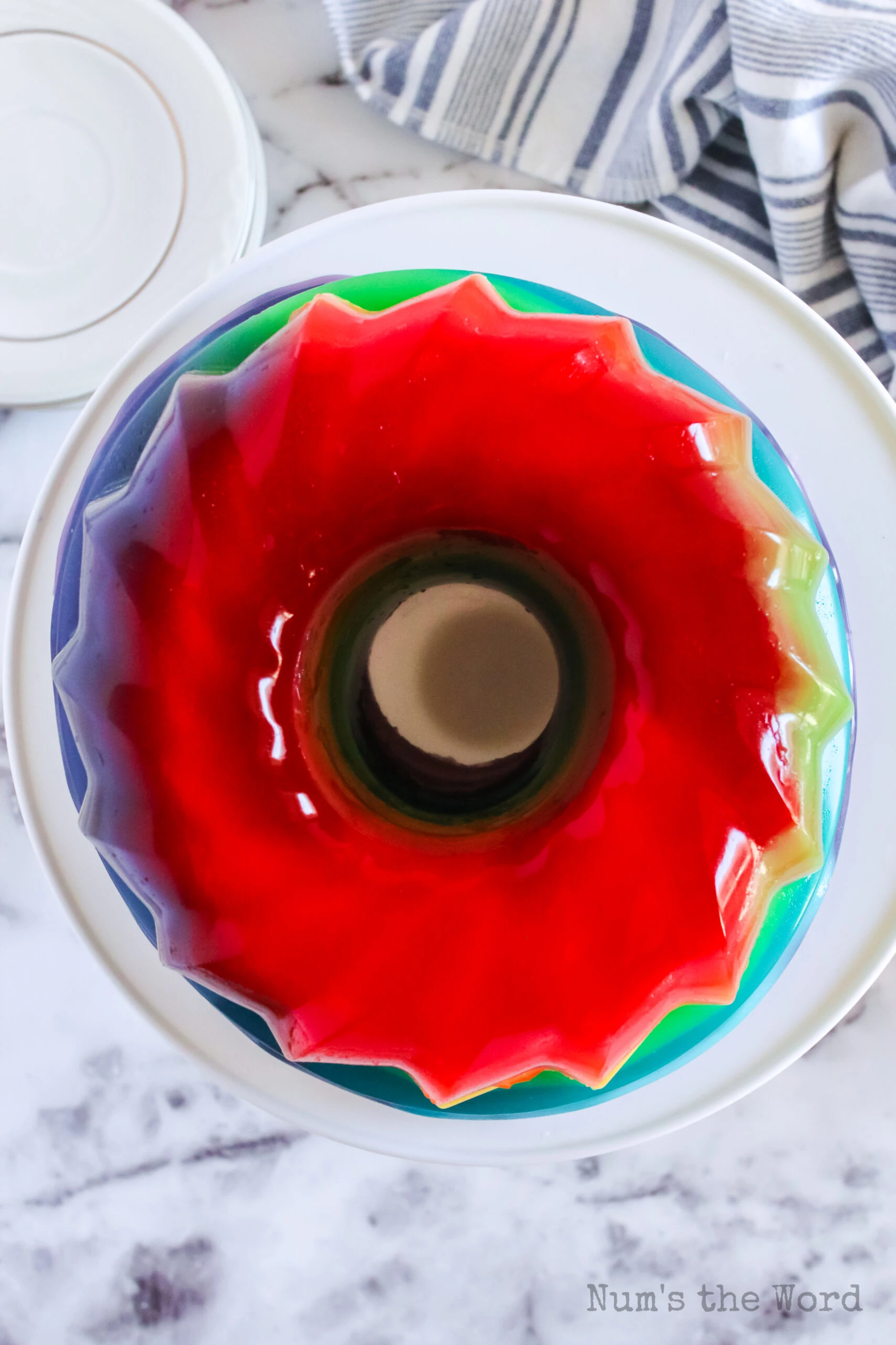 Rainbow jello fresh out of the mold. Photo taken from the top looking down.