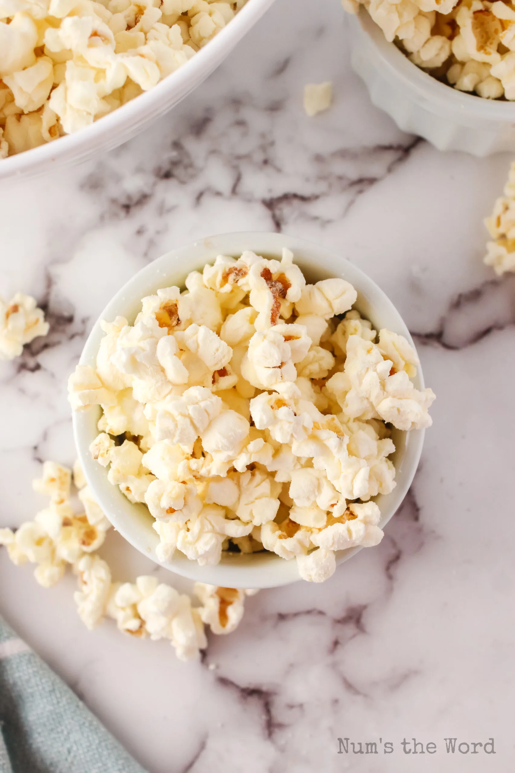 top view of popcorn in small bowl looking down