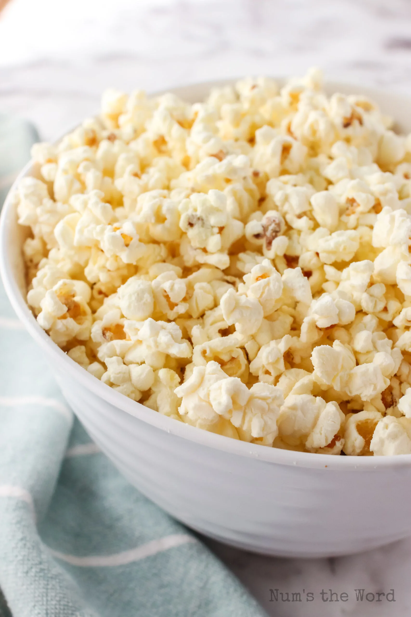 side view of big bowl of popcorn