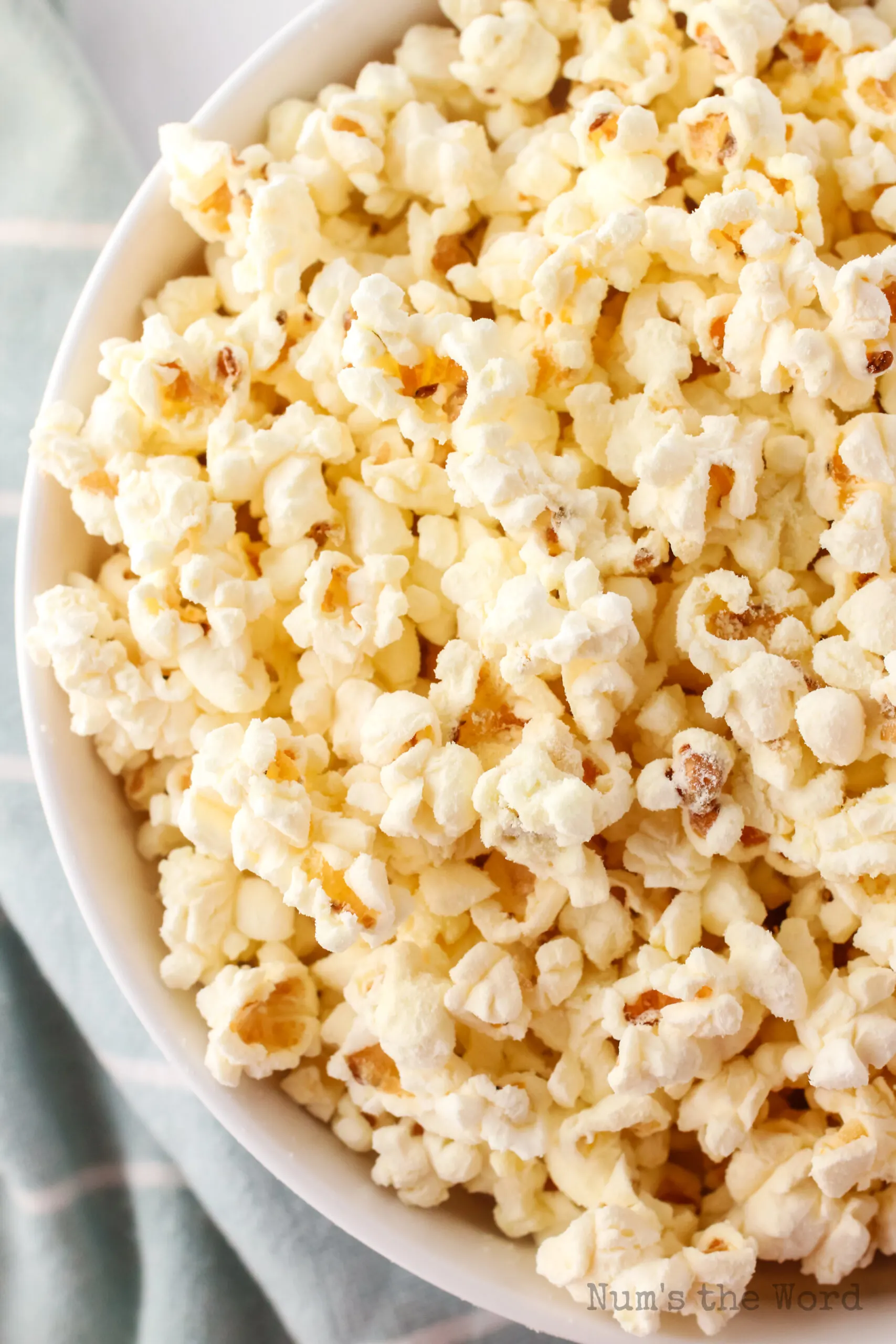 big bowl of white cheddar popcorn. Photo taken from the top looking down.
