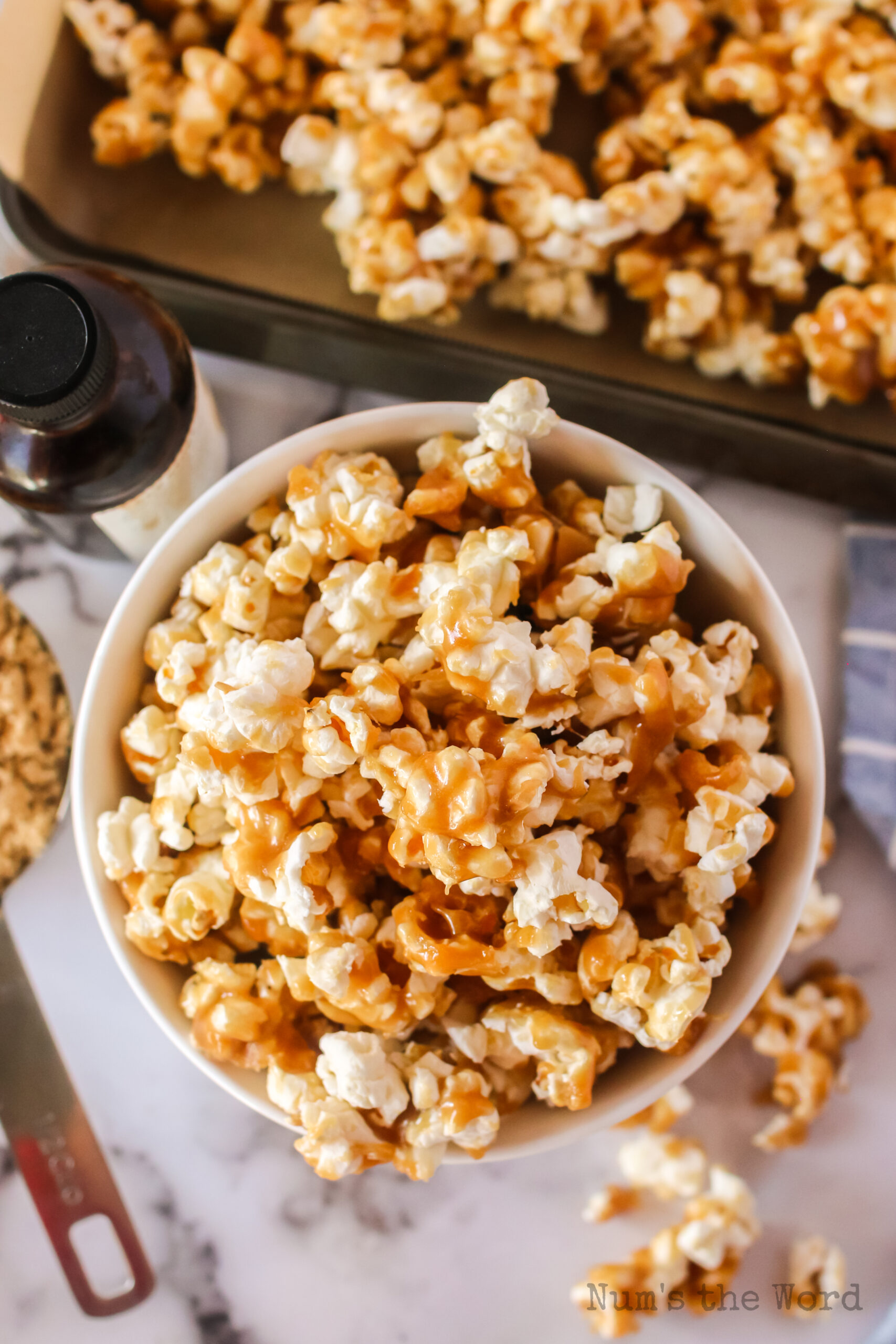 baked caramel corn in a bowl, ready to eat