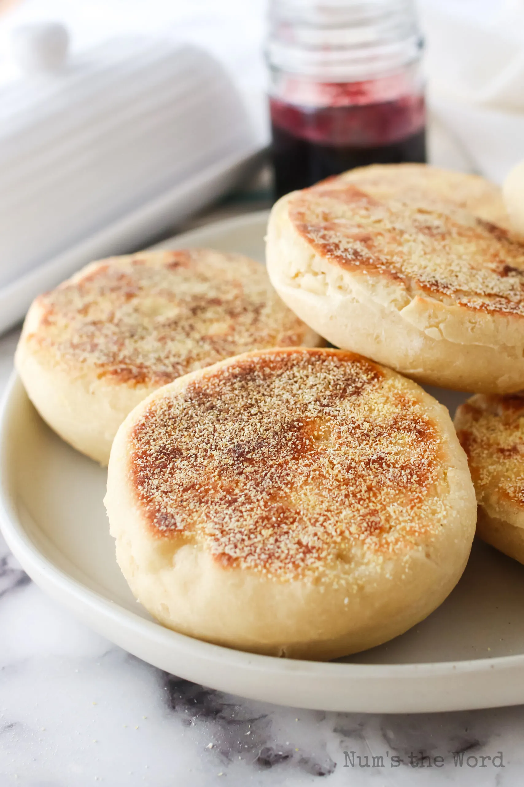 side view of english muffins on a plate