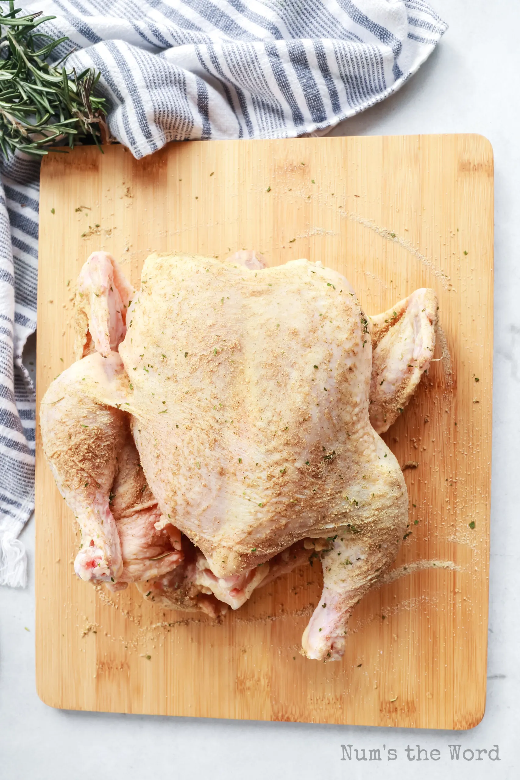 whole chicken with seasoning spread all over.