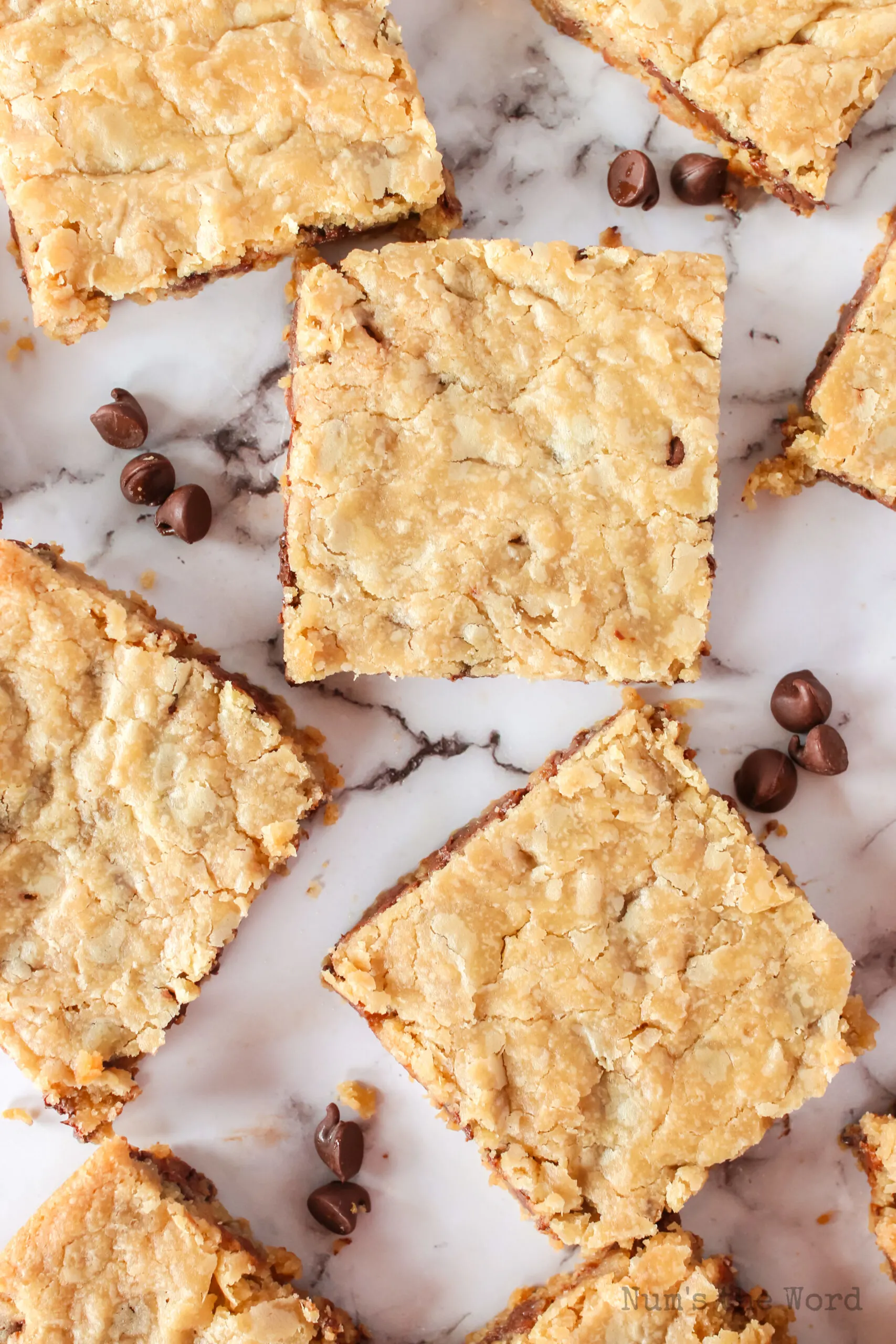 cookie bars spread out on counter.